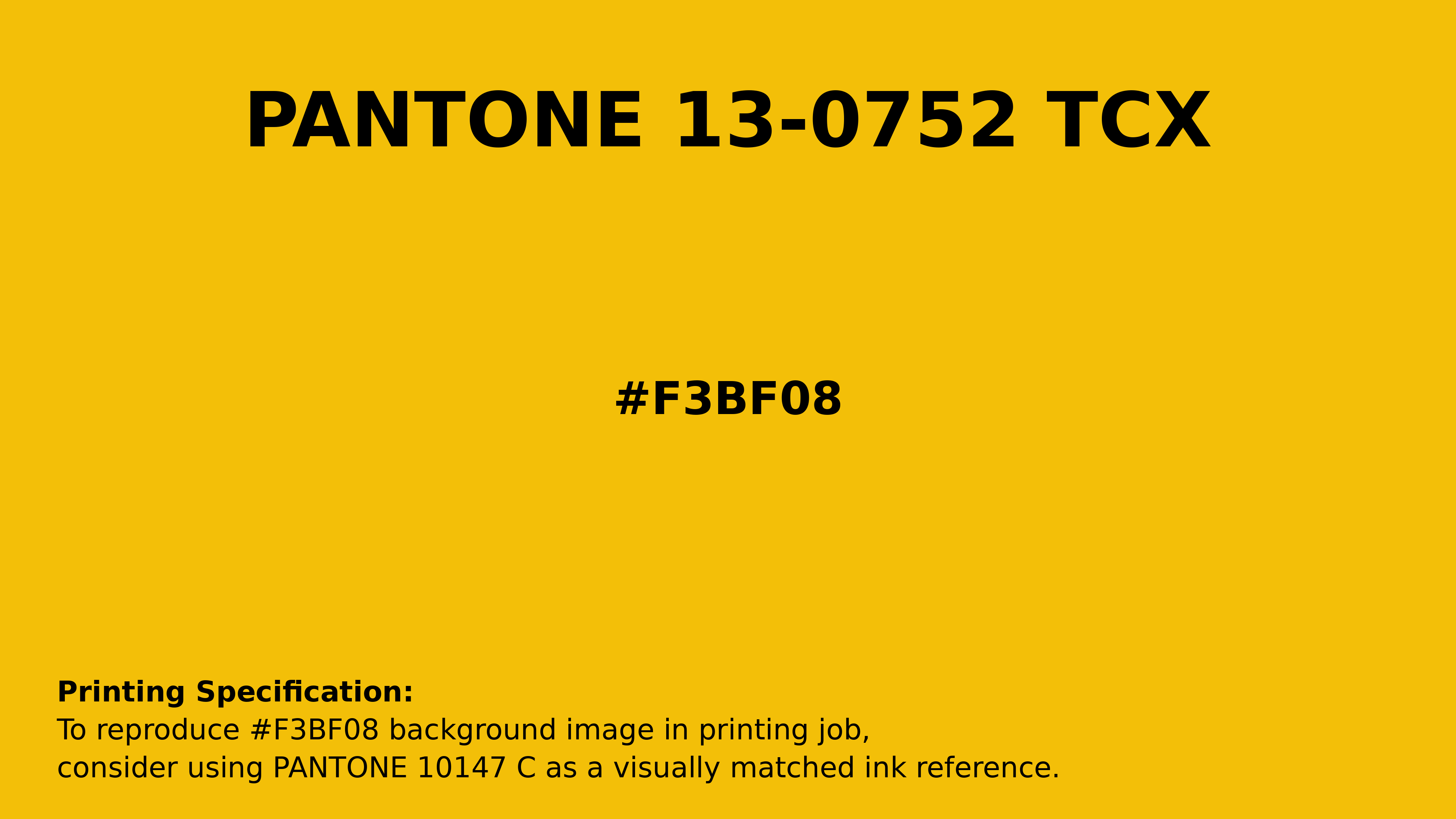 Professional Pantone color reference guide for Pantone 13-0752 Tcx Lemon Color | Hex color Code #f3bf08. Perfect for printing specifications and color matching in production. #pantone #colormatching #printing #f3bf08