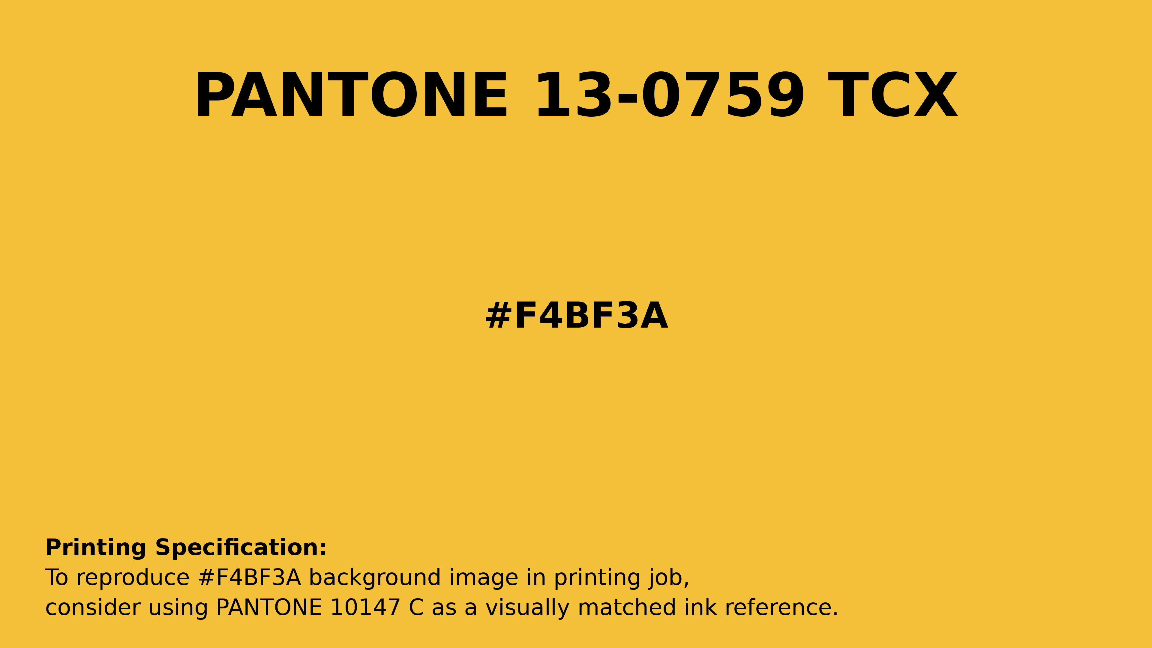 Professional Pantone color reference guide for Pantone 13-0759 Tcx Solar Power Color | Hex color Code #f4bf3a. Perfect for printing specifications and color matching in production. #pantone #colormatching #printing #f4bf3a