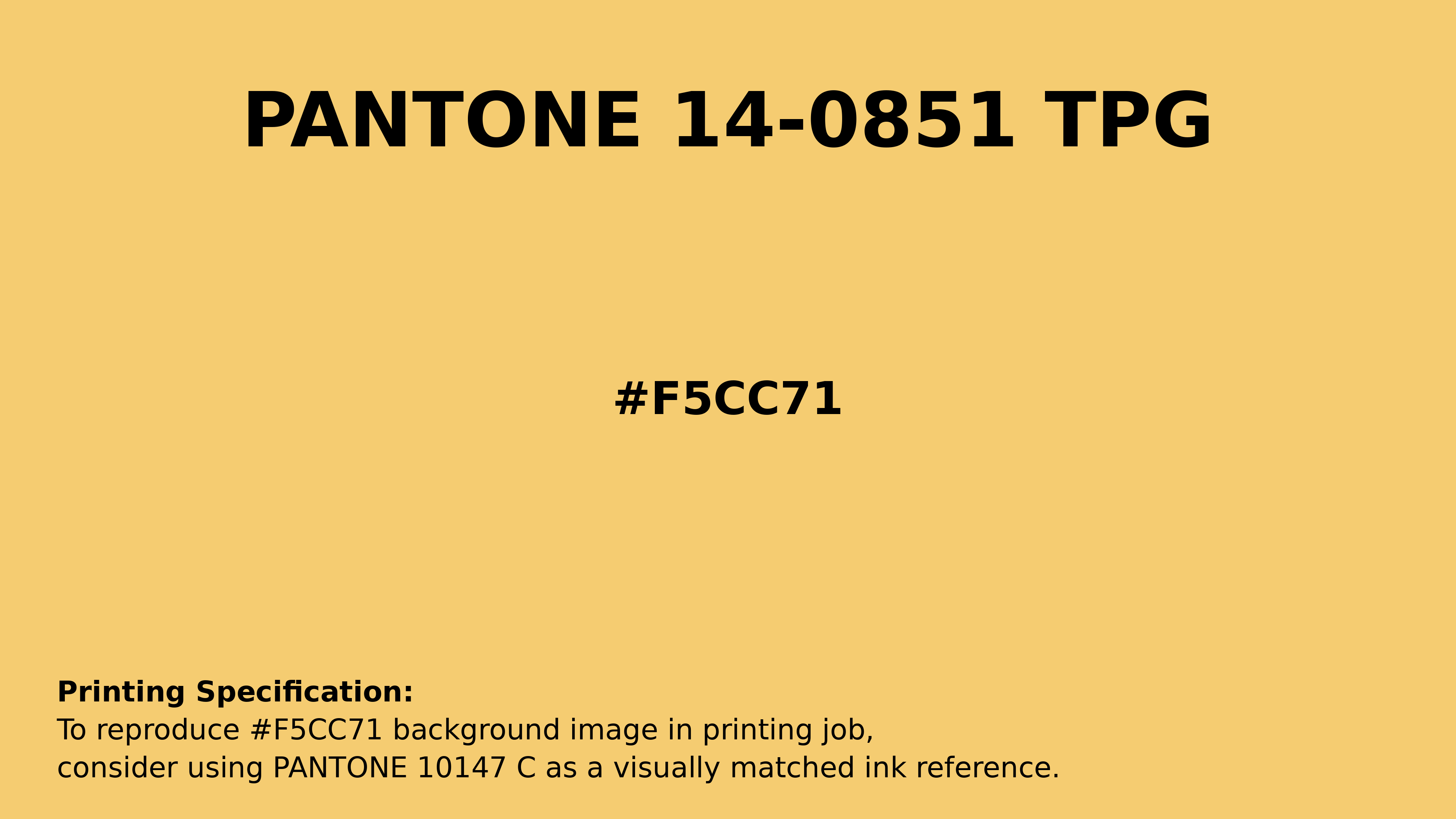 Professional Pantone color reference guide for Pantone 14-0851 Tpg Samoan Sun Color | Hex color Code #f5cc71. Perfect for printing specifications and color matching in production. #pantone #colormatching #printing #f5cc71