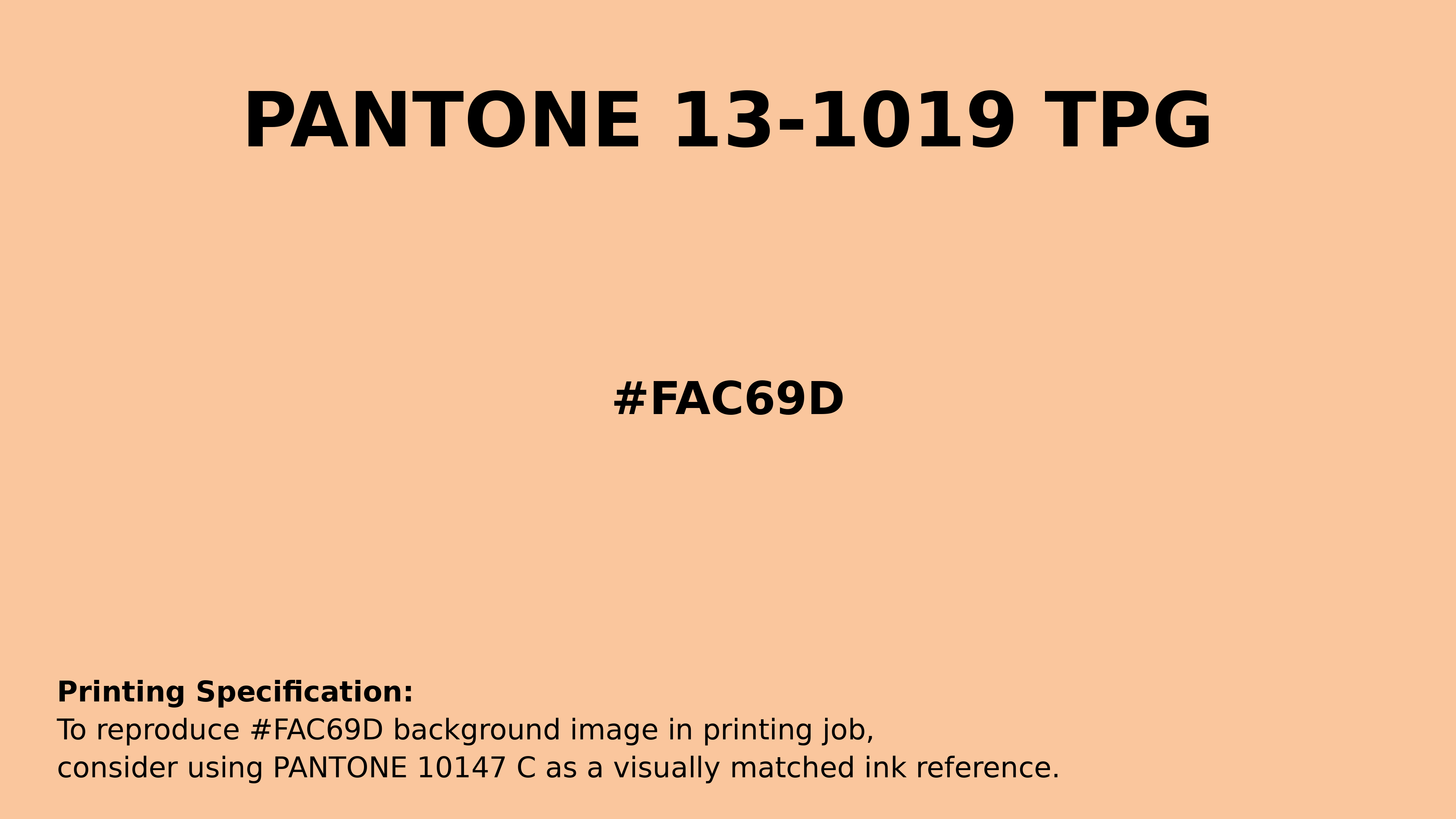 Professional Pantone color reference guide for Pantone 13-1019 Tpg Cream Blush Color | Hex color Code #fac69d. Perfect for printing specifications and color matching in production. #pantone #colormatching #printing #fac69d
