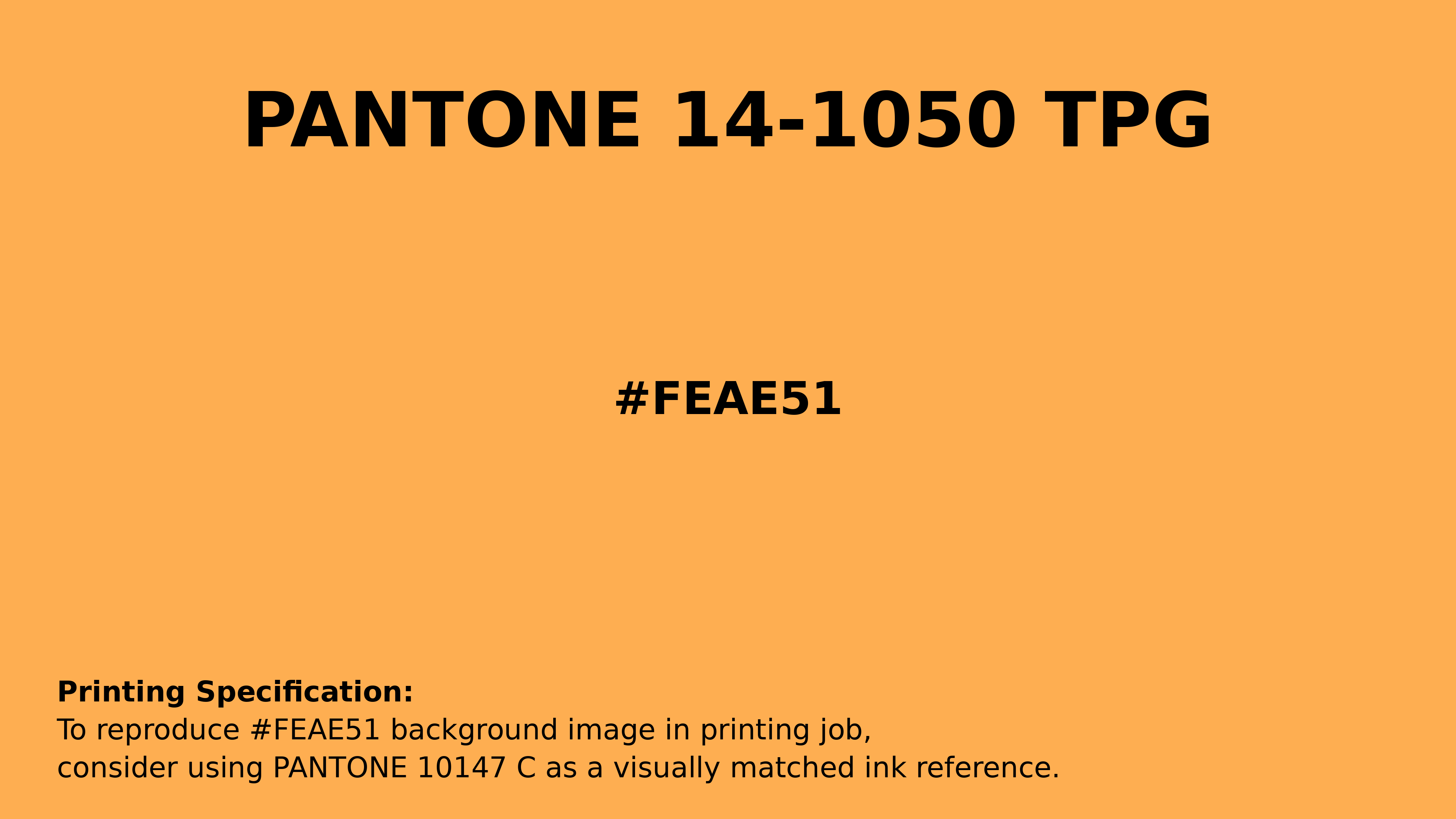 Professional Pantone color reference guide for Pantone 14-1050 Tpg Marigold Color | Hex color Code #feae51. Perfect for printing specifications and color matching in production. #pantone #colormatching #printing #feae51