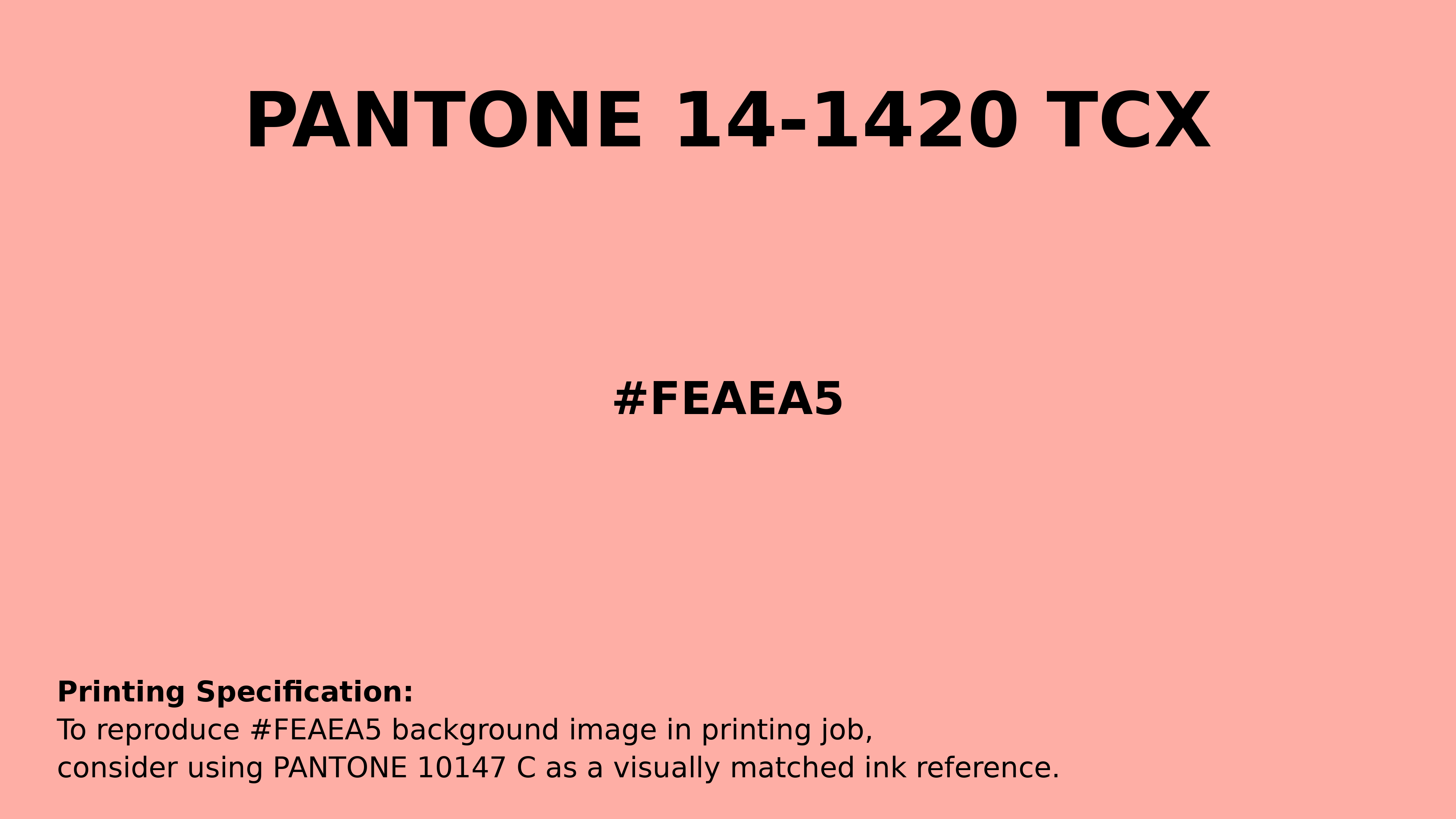 Professional Pantone color reference guide for Pantone 14-1420 Tcx Apricot Blush Color | Hex color Code #feaea5. Perfect for printing specifications and color matching in production. #pantone #colormatching #printing #feaea5