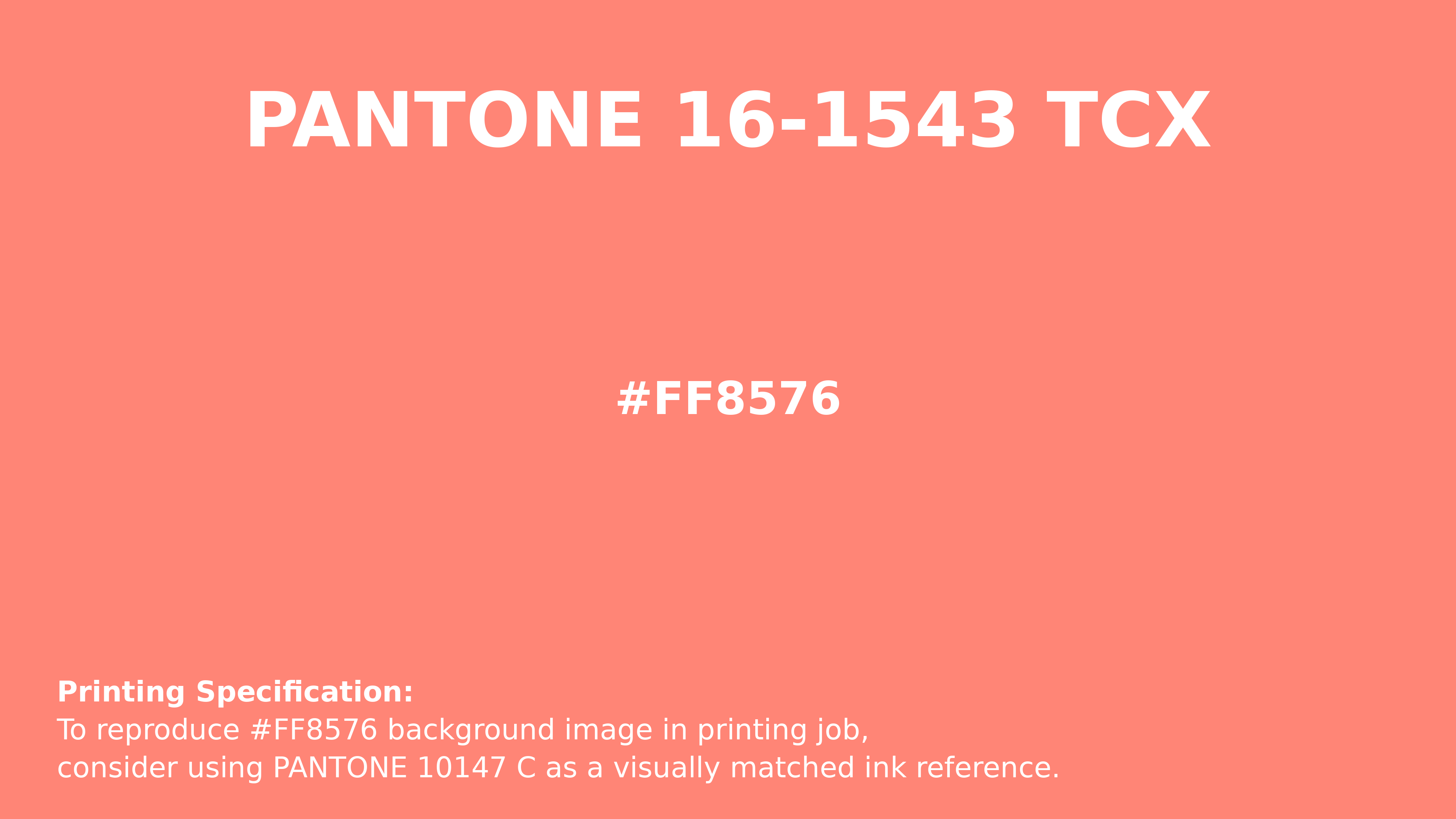 Professional Pantone color reference guide for Pantone 16-1543 Tcx Fusion Coral Color | Hex color Code #ff8576. Perfect for printing specifications and color matching in production. #pantone #colormatching #printing #ff8576