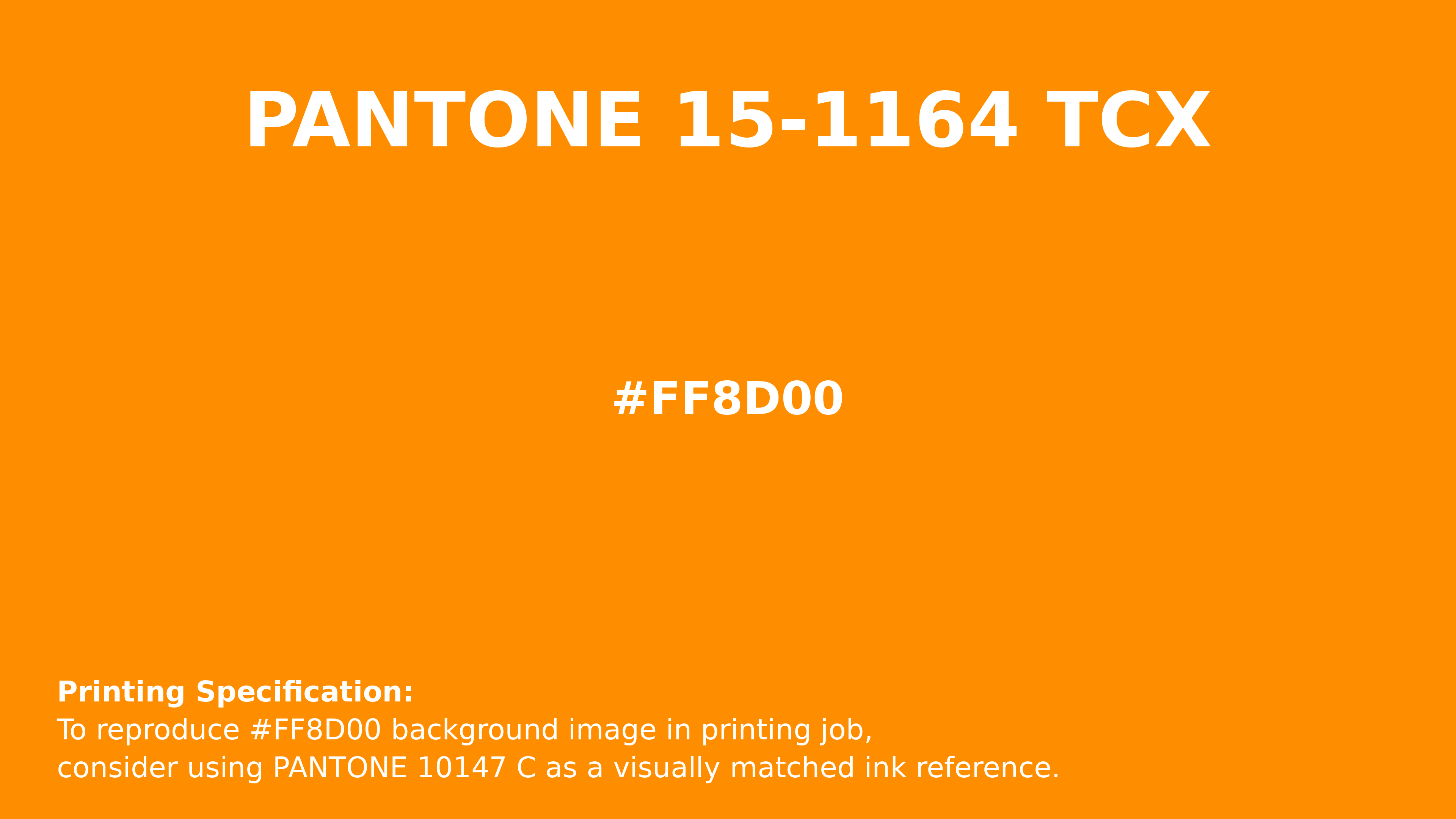 Professional Pantone color reference guide for Pantone 15-1164 Tcx Bright Marigold Color | Hex color Code #ff8d00. Perfect for printing specifications and color matching in production. #pantone #colormatching #printing #ff8d00