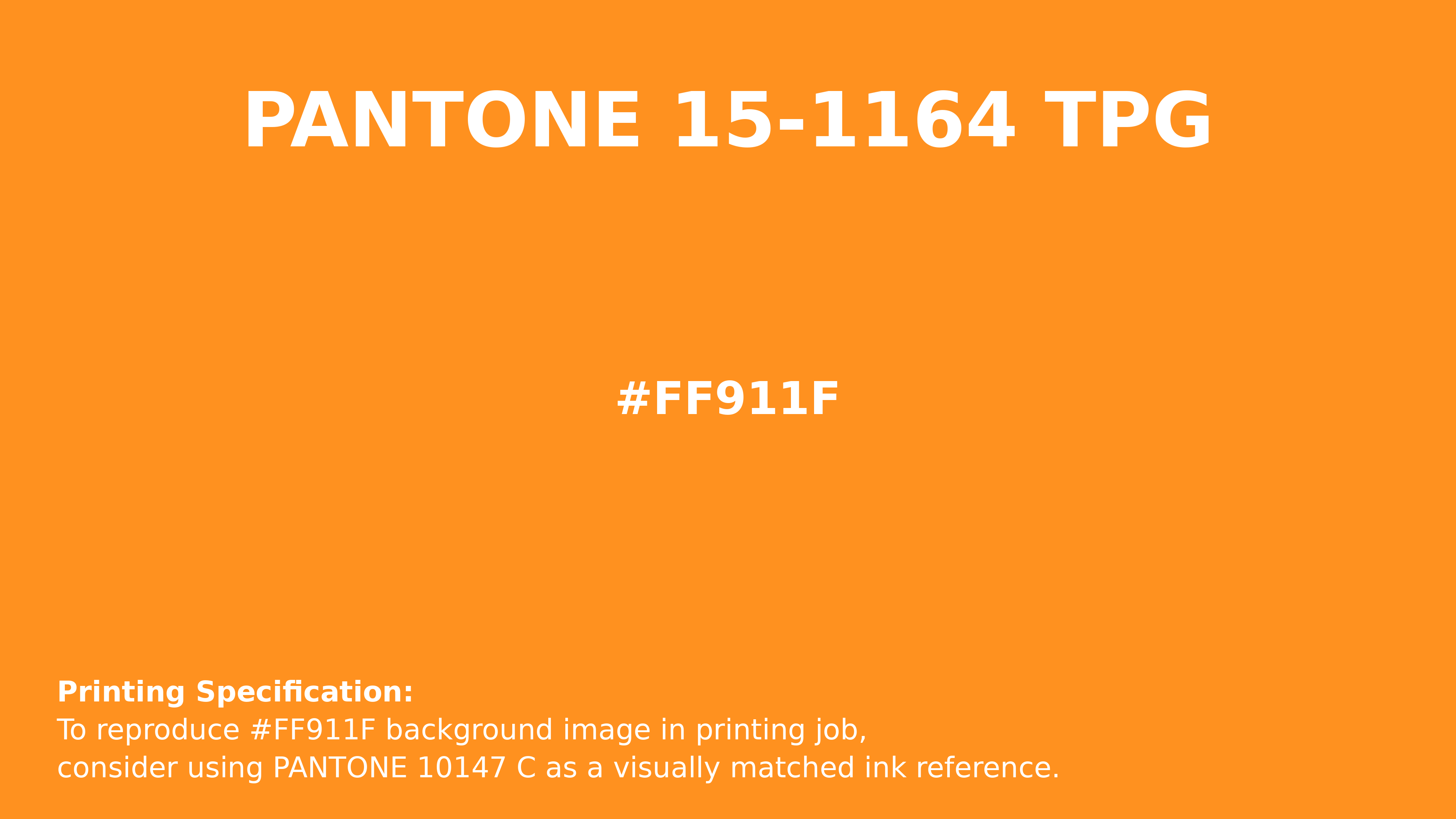 Professional Pantone color reference guide for Pantone 15-1164 Tpg Bright Marigold Color | Hex color Code #ff911f. Perfect for printing specifications and color matching in production. #pantone #colormatching #printing #ff911f