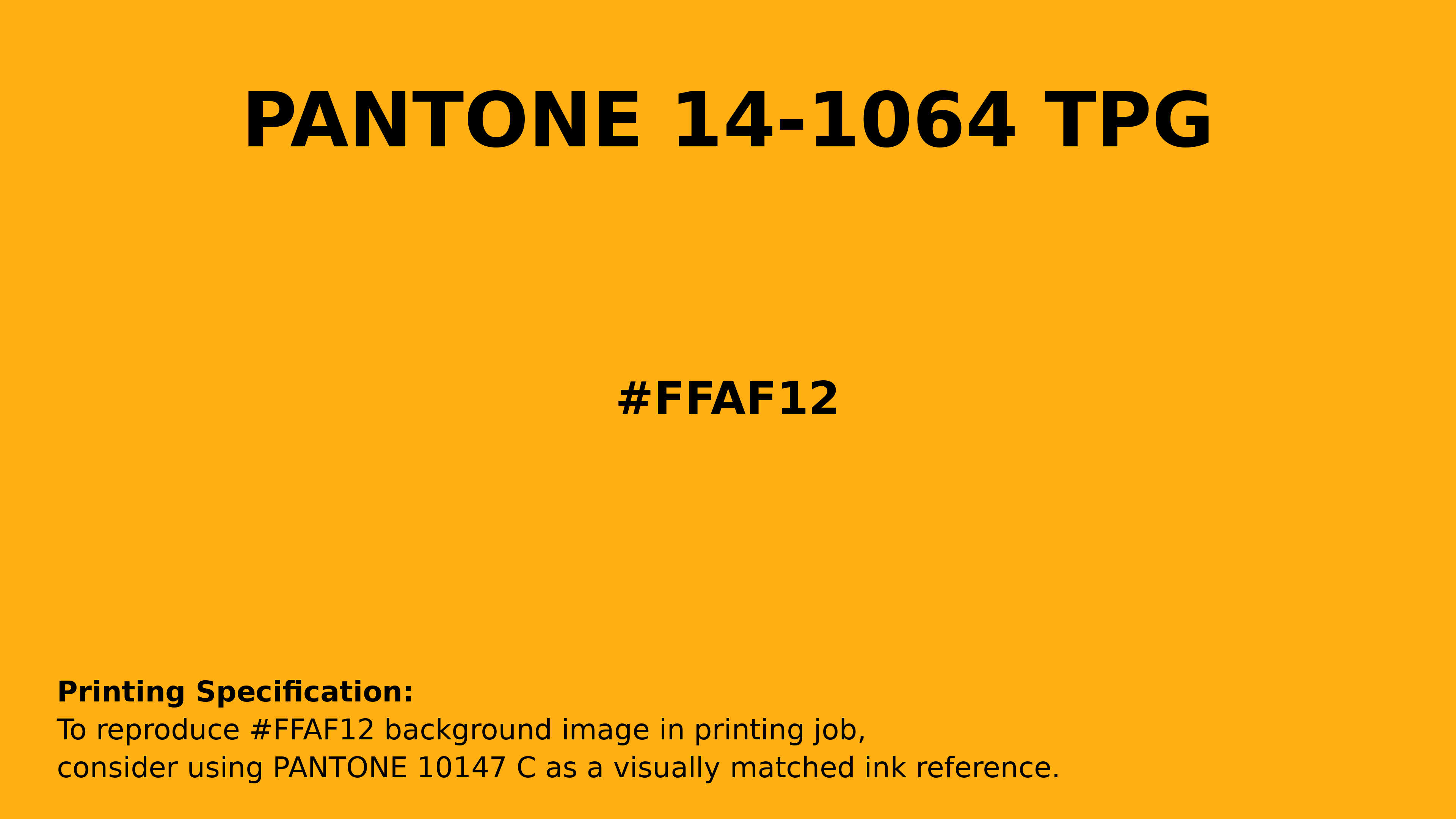Professional Pantone color reference guide for Pantone 14-1064 Tpg Saffron Color | Hex color Code #ffaf12. Perfect for printing specifications and color matching in production. #pantone #colormatching #printing #ffaf12