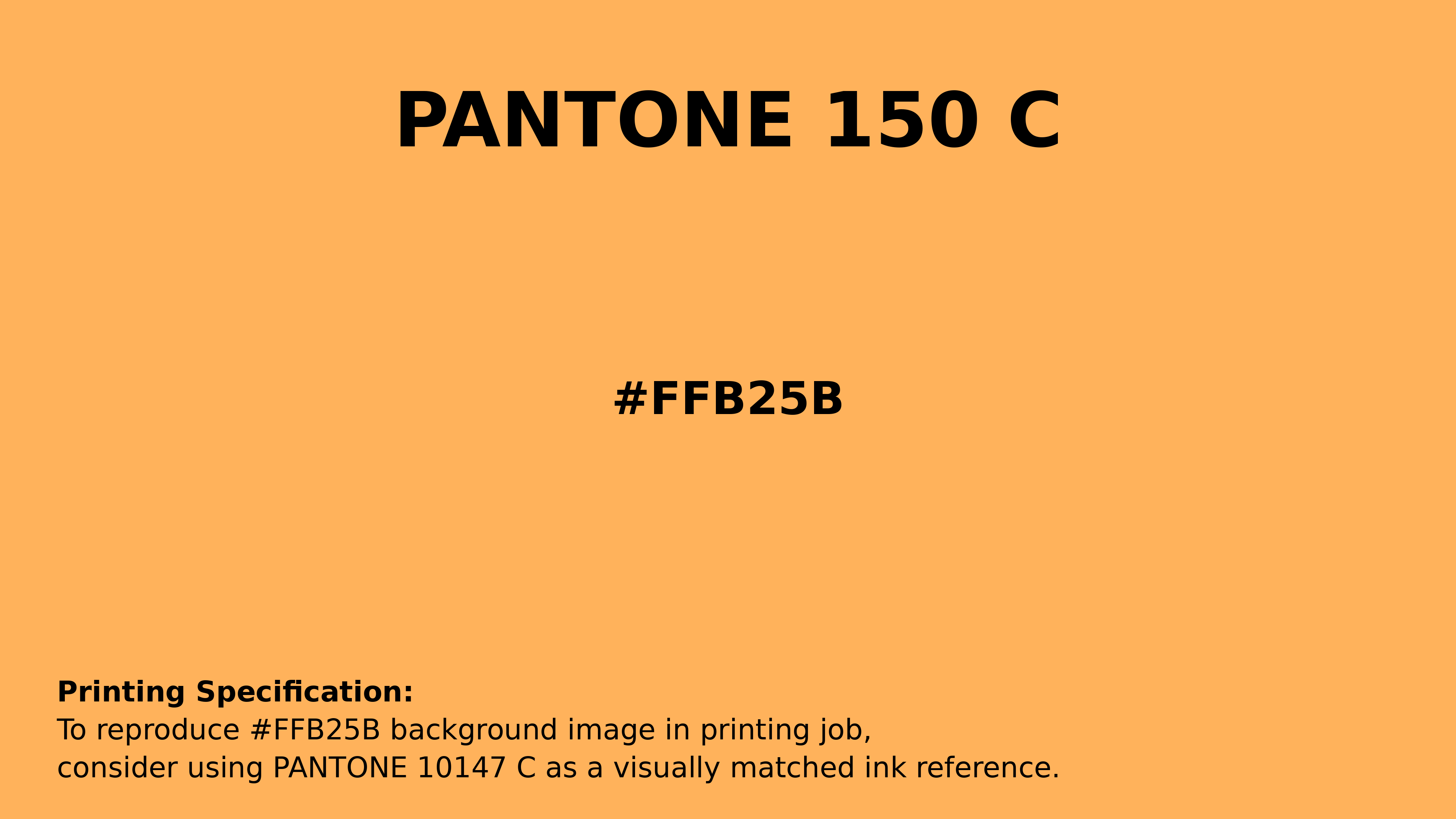 Professional Pantone color reference guide for Pantone 150 C Color | Hex color Code #ffb25b. Perfect for printing specifications and color matching in production. #pantone #colormatching #printing #ffb25b