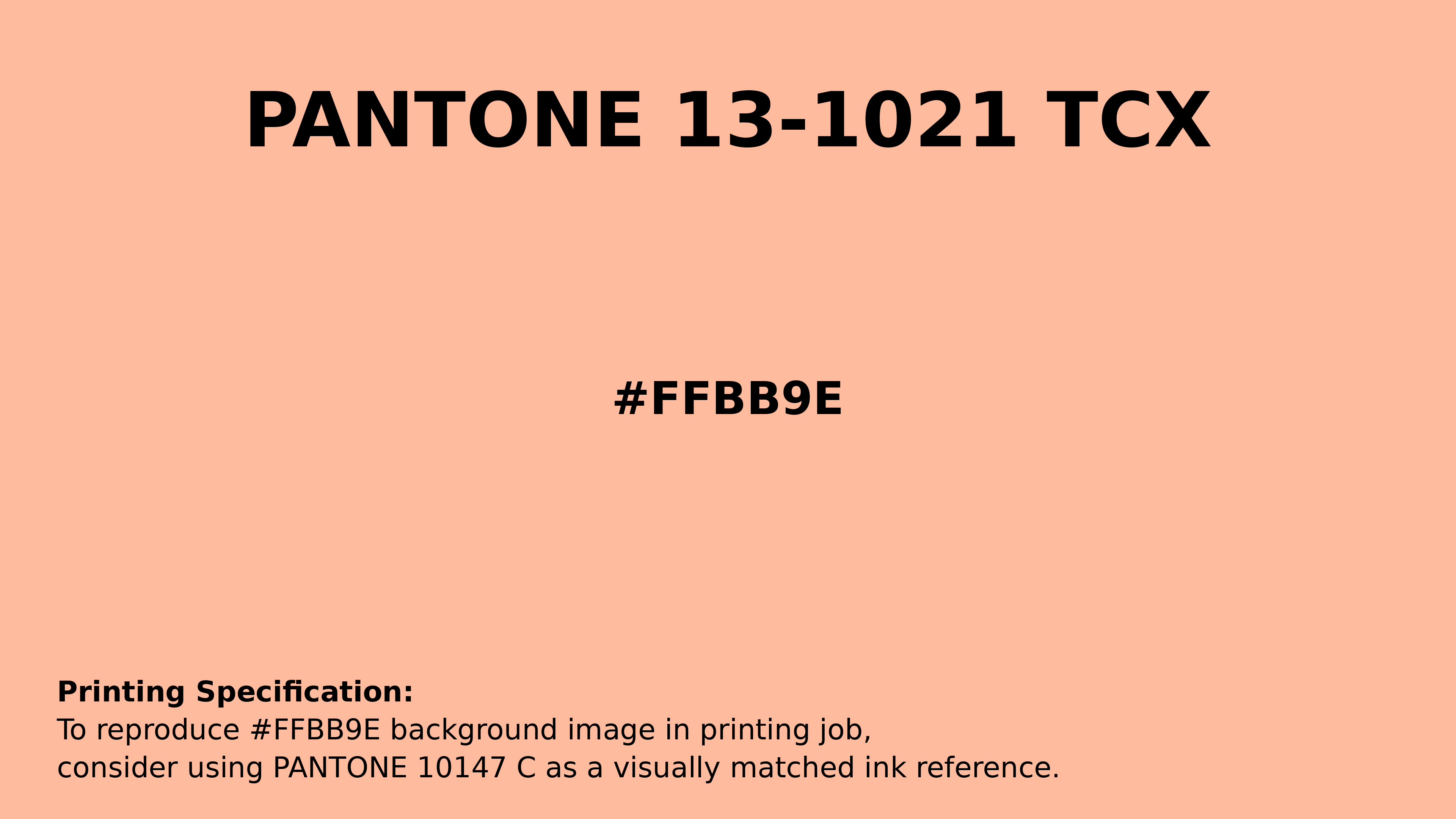 Professional Pantone color reference guide for Pantone 13-1021 Tcx Prairie Sunset Color | Hex color Code #ffbb9e. Perfect for printing specifications and color matching in production. #pantone #colormatching #printing #ffbb9e
