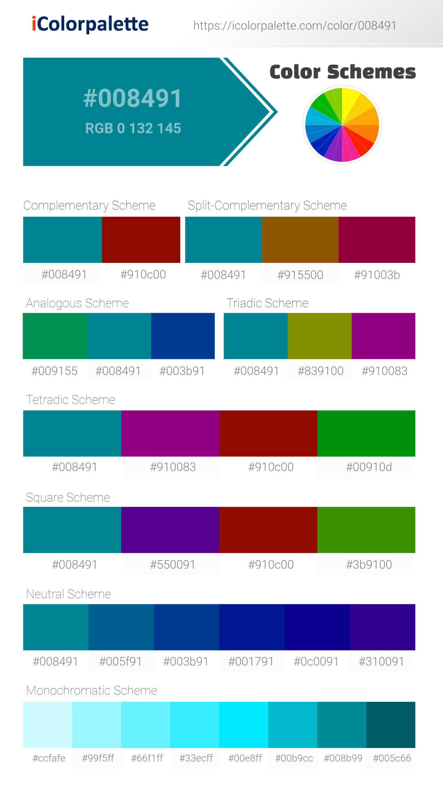 Beautiful color schemes for Pantone 18-4735 Tcx Tile Blue Color | Hex color Code #008491. Includes complementary, analogous, and triadic combinations ready for your design projects. #colorpalette #colorscheme #graphicdesign #008491