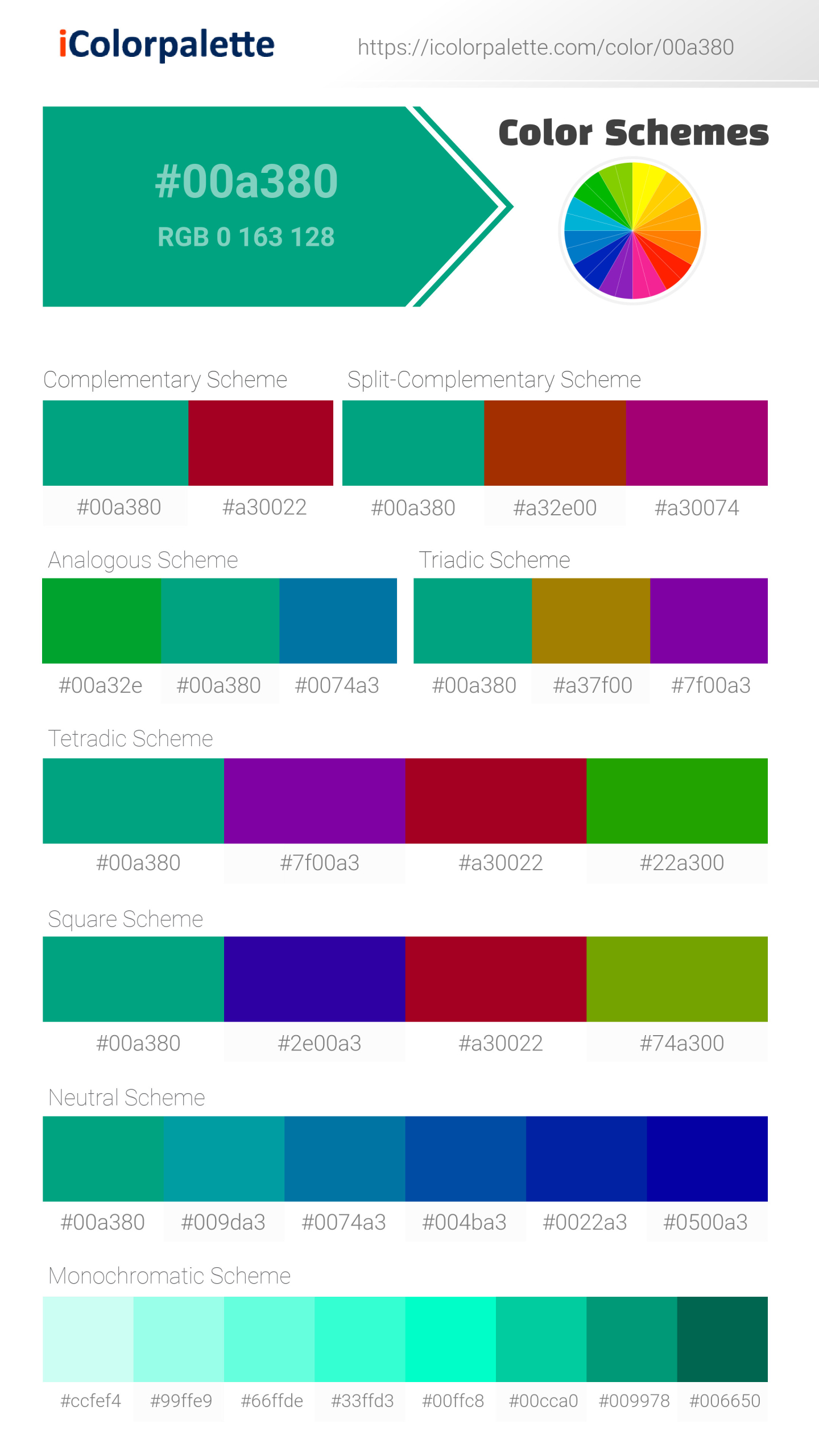 Beautiful color schemes for Pantone 2242 U Color | Hex color Code #00a380. Includes complementary, analogous, and triadic combinations ready for your design projects. #colorpalette #colorscheme #graphicdesign #00a380
