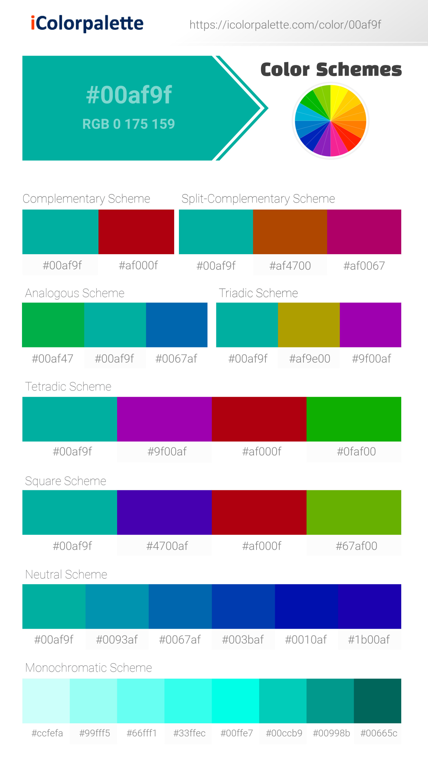 Beautiful color schemes for Pantone 15-5425 Tcx Atlantis Color | Hex color Code #00af9f. Includes complementary, analogous, and triadic combinations ready for your design projects. #colorpalette #colorscheme #graphicdesign #00af9f