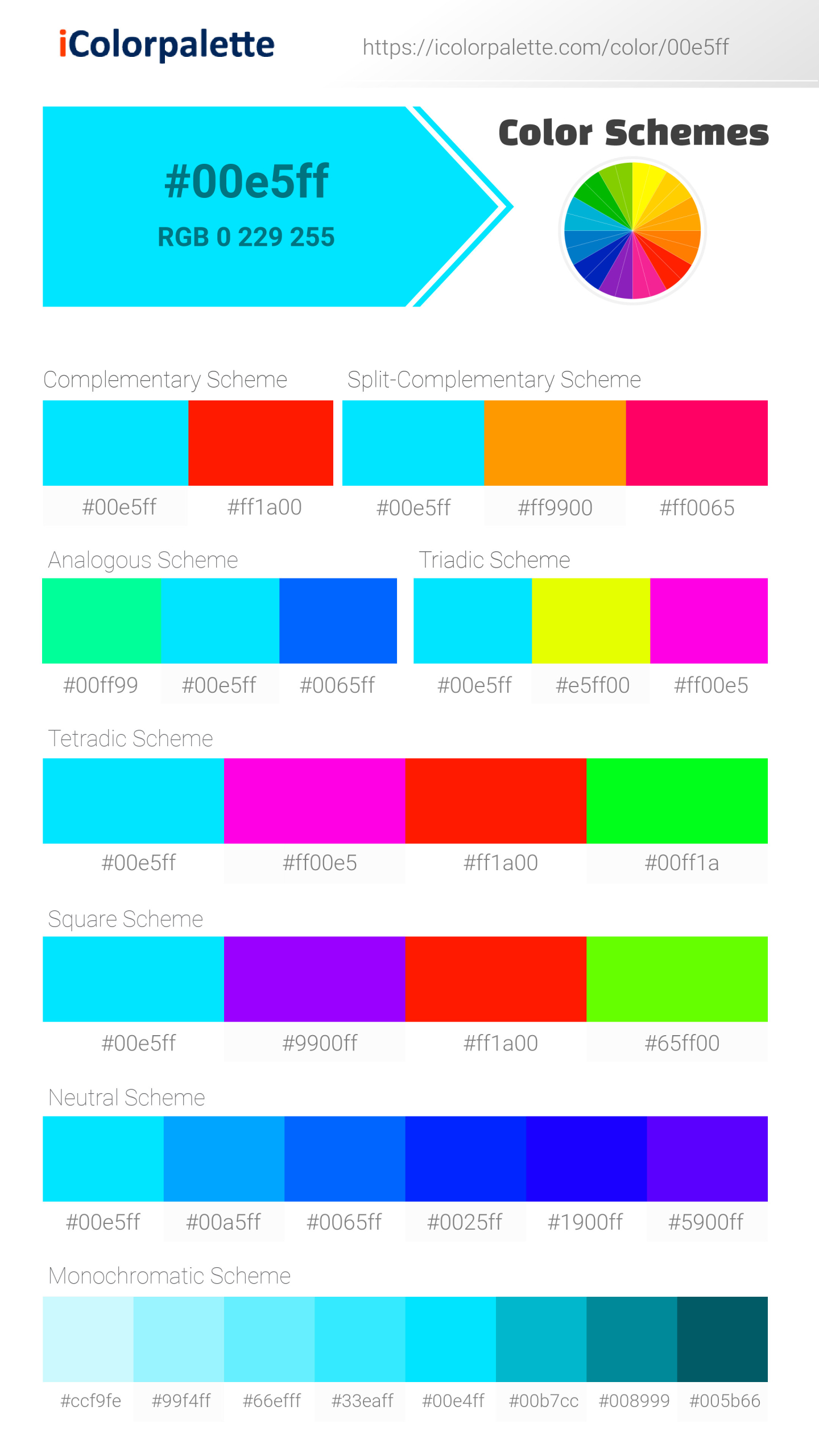 Beautiful color schemes for  Whimsical Blue (similar) Color | Hex 00e5ff. Includes complementary, analogous, and triadic combinations ready for your design projects. #colorpalette #colorscheme #graphicdesign #00e5ff