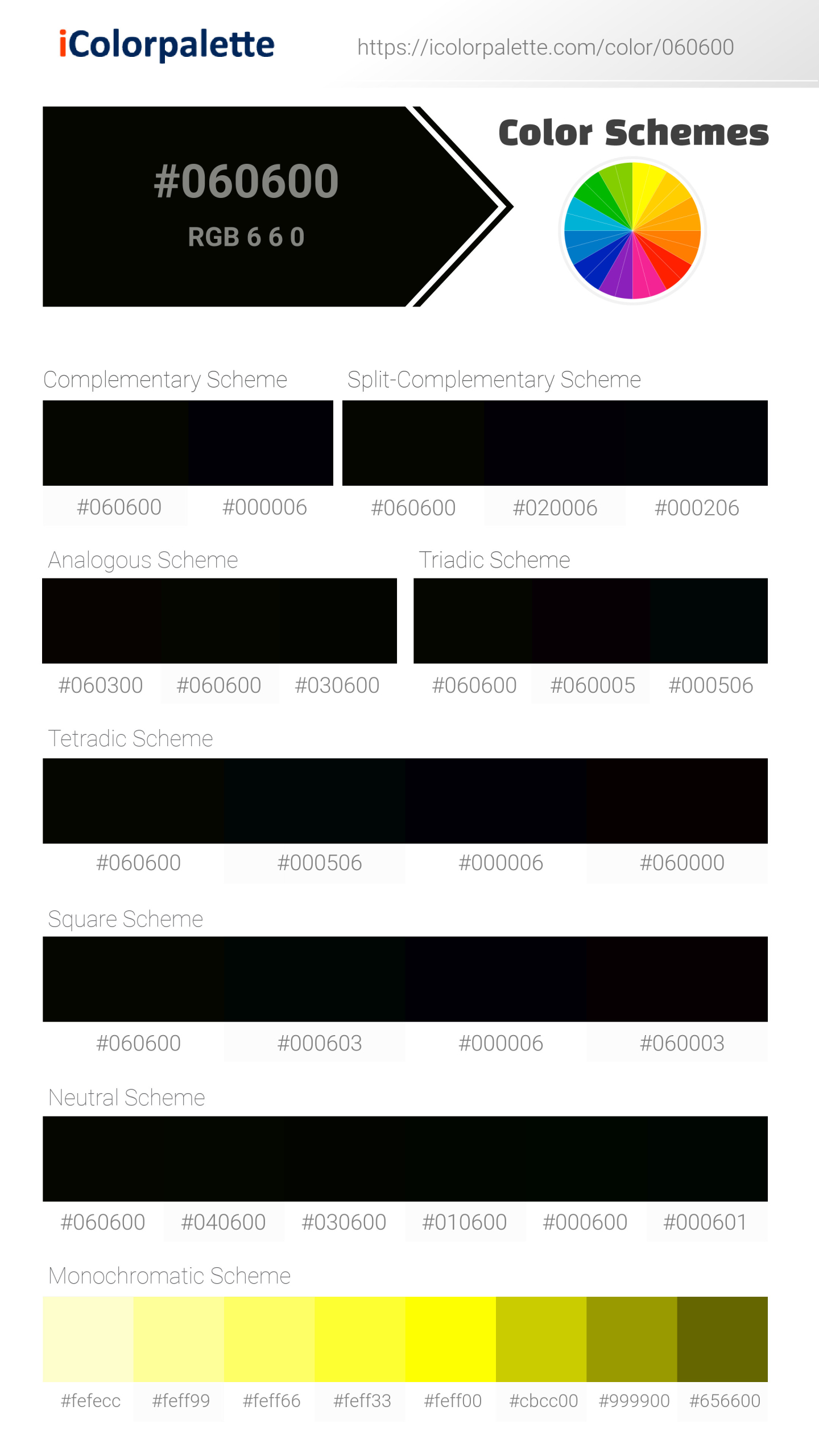 Beautiful color schemes for  Chinese Black (similar) Color | Hex 060600. Includes complementary, analogous, and triadic combinations ready for your design projects. #colorpalette #colorscheme #graphicdesign #060600