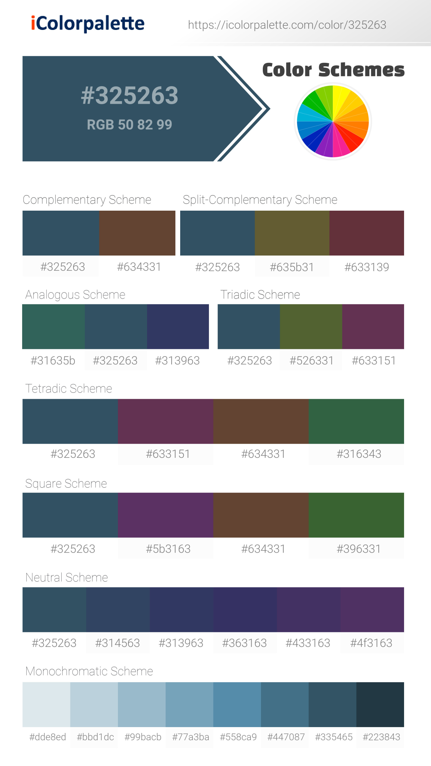 Beautiful color schemes for  Wentworth (similar) Color | Hex 325263. Includes complementary, analogous, and triadic combinations ready for your design projects. #colorpalette #colorscheme #graphicdesign #325263
