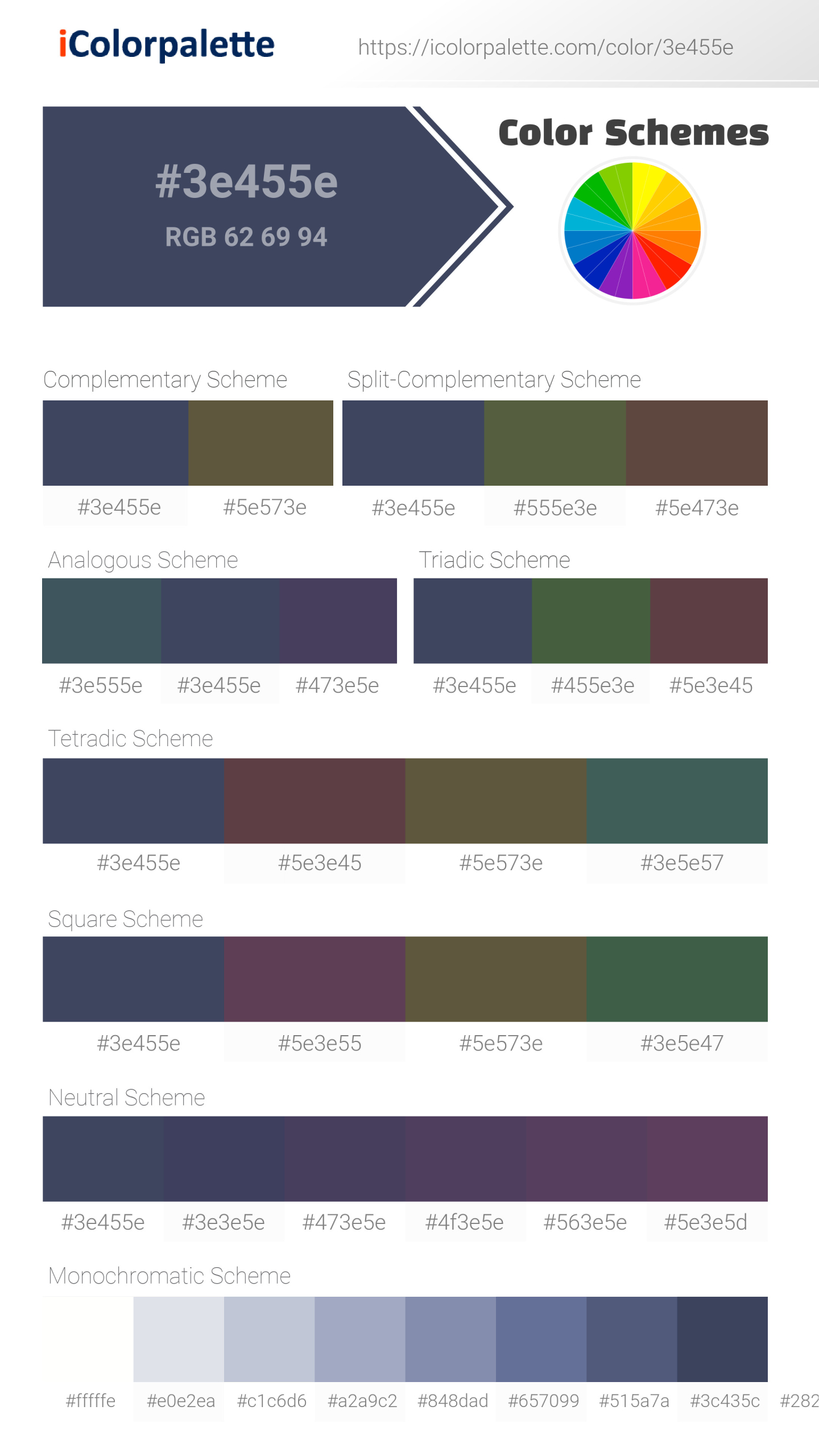 Beautiful color schemes for  Anthracite Blue (similar) Color | Hex 3e455e. Includes complementary, analogous, and triadic combinations ready for your design projects. #colorpalette #colorscheme #graphicdesign #3e455e