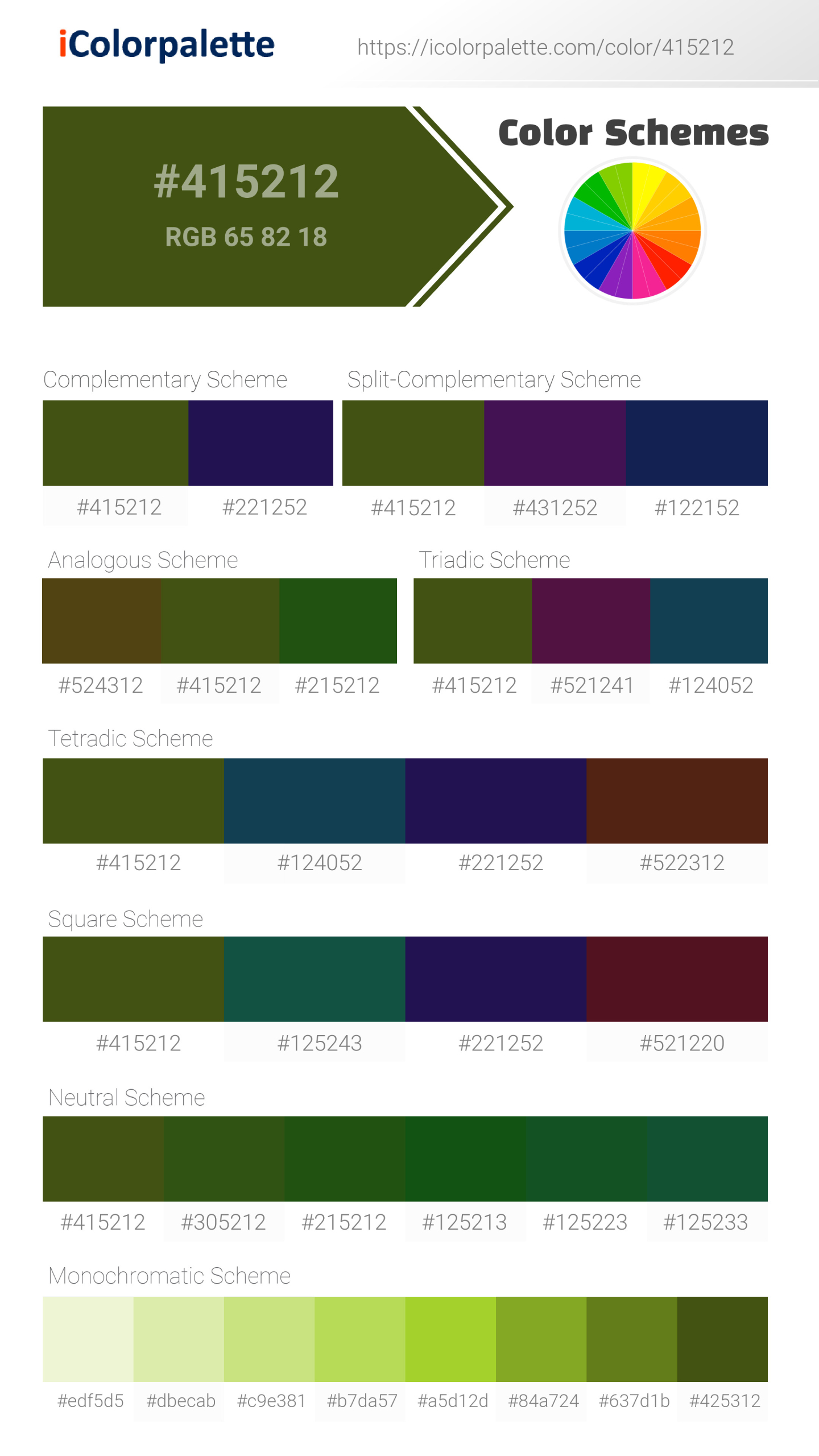 Beautiful color schemes for  Kyuri Green (similar) Color | Hex 415212. Includes complementary, analogous, and triadic combinations ready for your design projects. #colorpalette #colorscheme #graphicdesign #415212