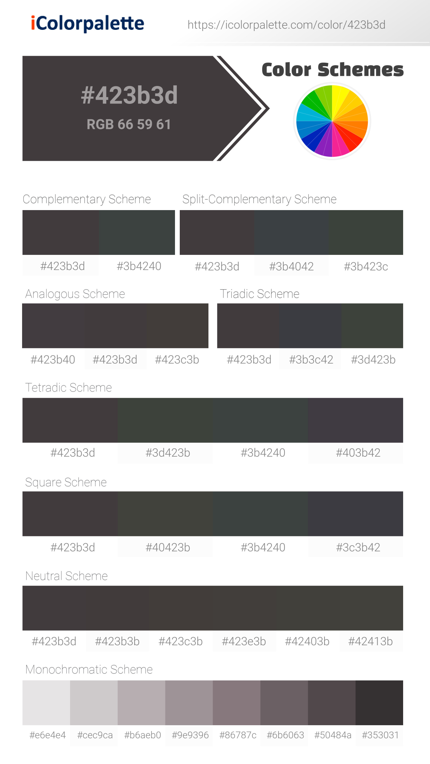 Beautiful color schemes for  Black Truffle (similar) Color | Hex 423b3d. Includes complementary, analogous, and triadic combinations ready for your design projects. #colorpalette #colorscheme #graphicdesign #423b3d