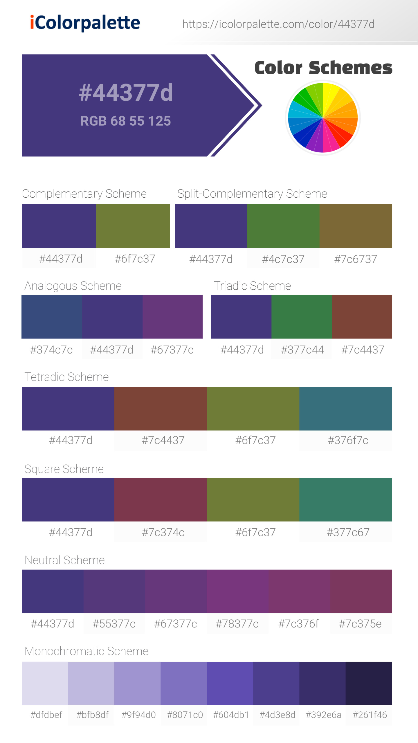 Beautiful color schemes for Pantone 19-3847 Tcx Deep Blue Color | Hex color Code #44377d. Includes complementary, analogous, and triadic combinations ready for your design projects. #colorpalette #colorscheme #graphicdesign #44377d