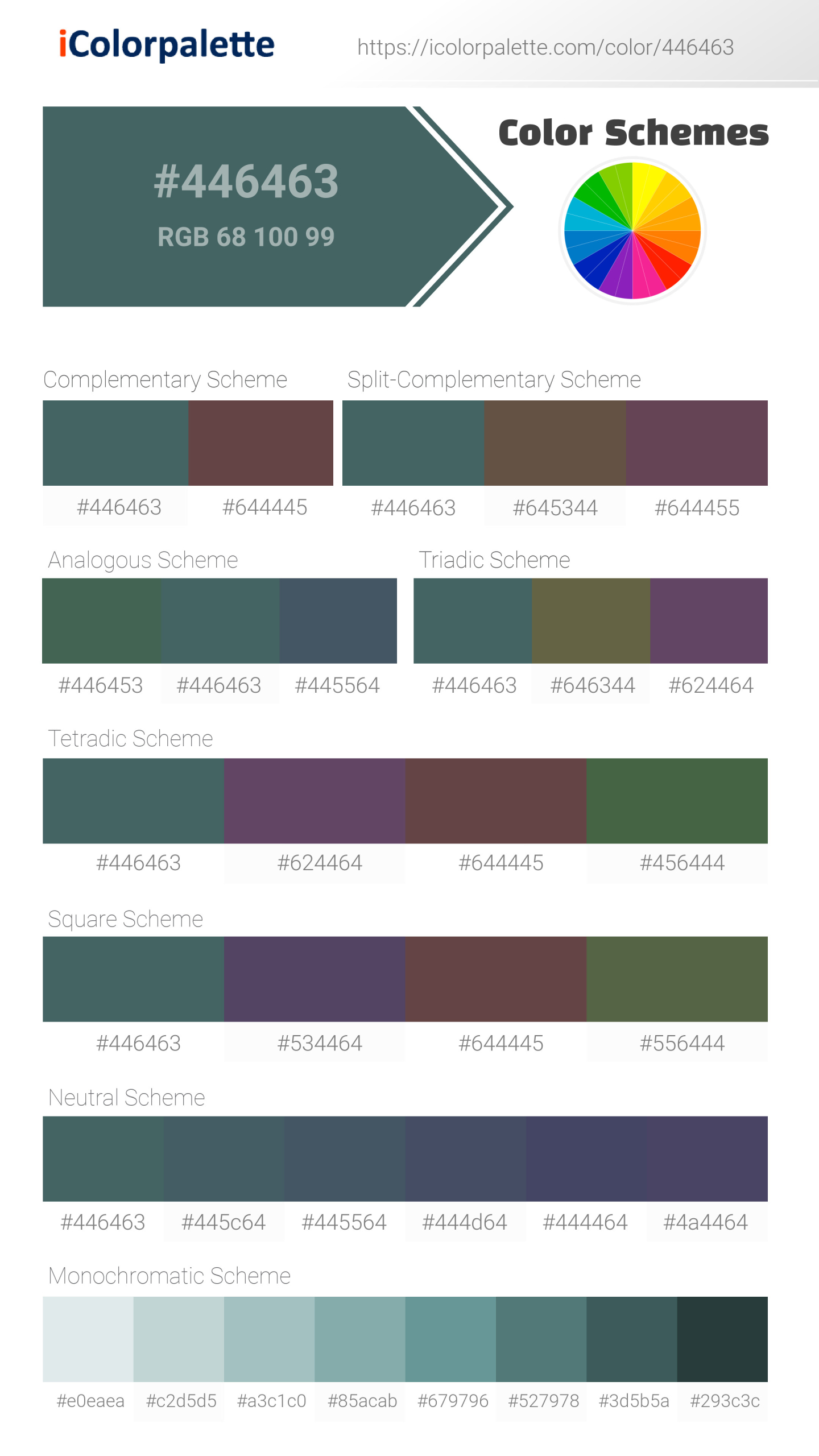 Beautiful color schemes for Pantone 330 U Color | Hex color Code #446463. Includes complementary, analogous, and triadic combinations ready for your design projects. #colorpalette #colorscheme #graphicdesign #446463