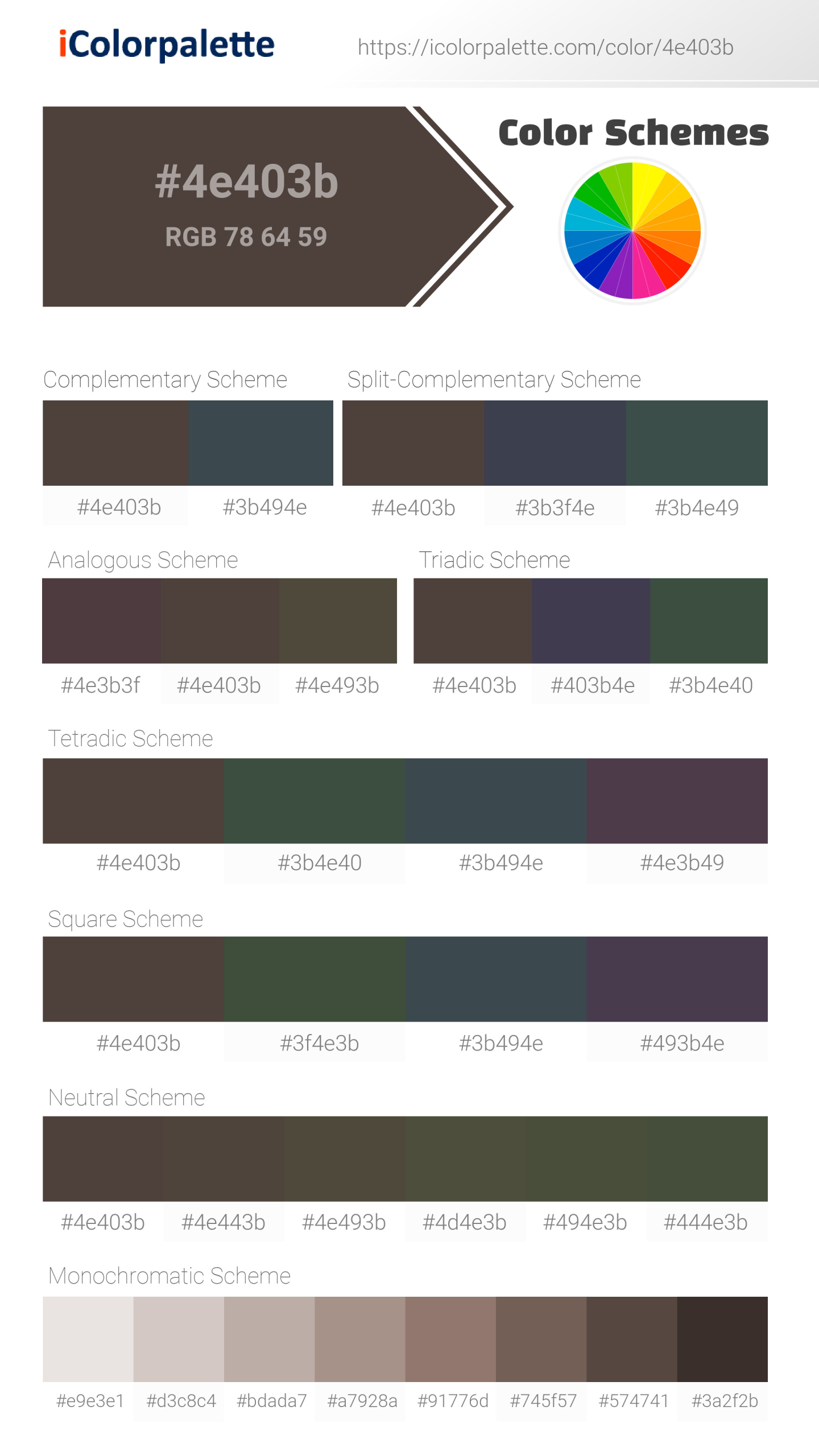 Beautiful color schemes for Pantone 19-0912 Tcx Chocolate Brown Color | Hex color Code #4e403b. Includes complementary, analogous, and triadic combinations ready for your design projects. #colorpalette #colorscheme #graphicdesign #4e403b