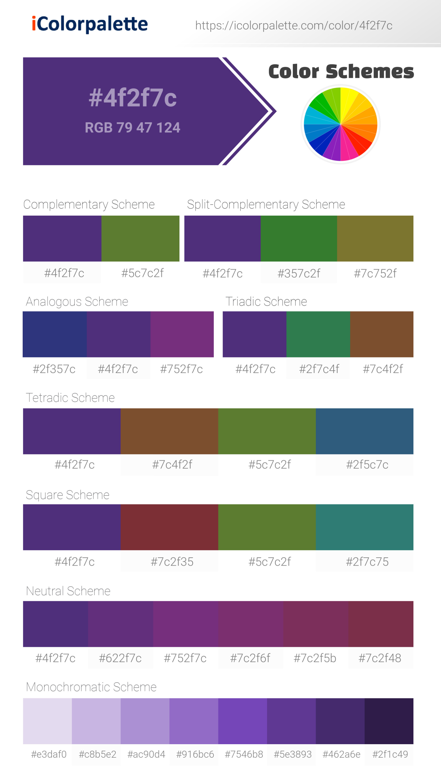 Beautiful color schemes for Pantone P 96-8 C Color | Hex color Code #4f2f7c. Includes complementary, analogous, and triadic combinations ready for your design projects. #colorpalette #colorscheme #graphicdesign #4f2f7c