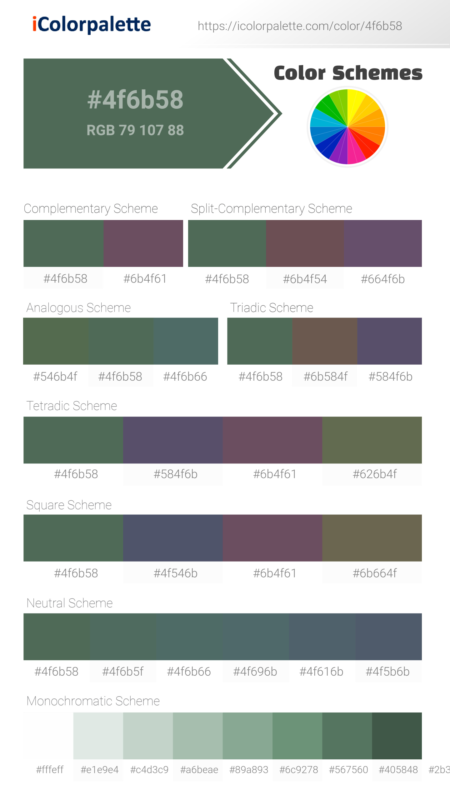 Beautiful color schemes for Pantone 18-6114 Tcx Myrtle Color | Hex color Code #4f6b58. Includes complementary, analogous, and triadic combinations ready for your design projects. #colorpalette #colorscheme #graphicdesign #4f6b58
