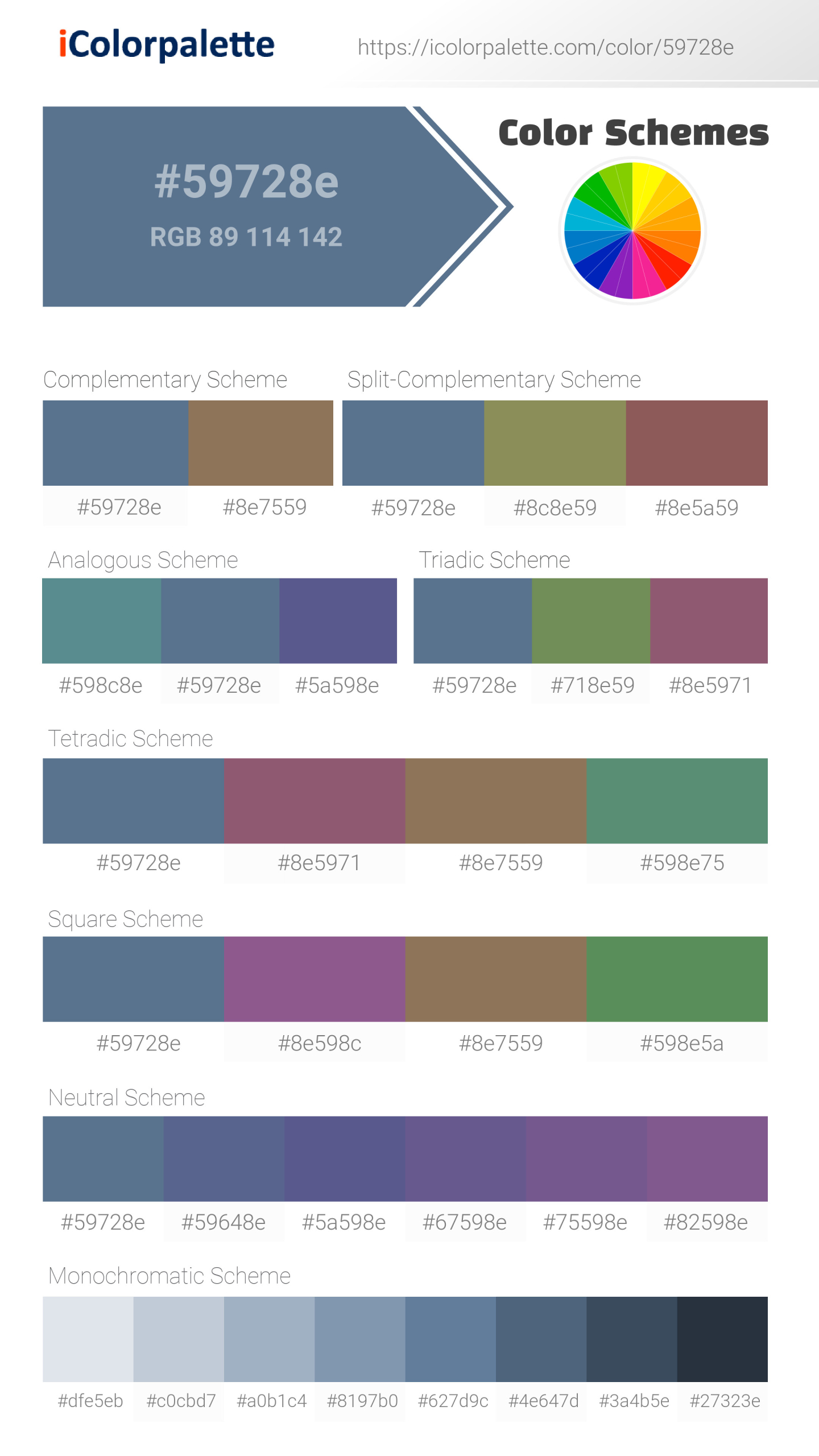 Hex Color #59728E — RGB, CMYK & HSL Color Values | iColorPalette