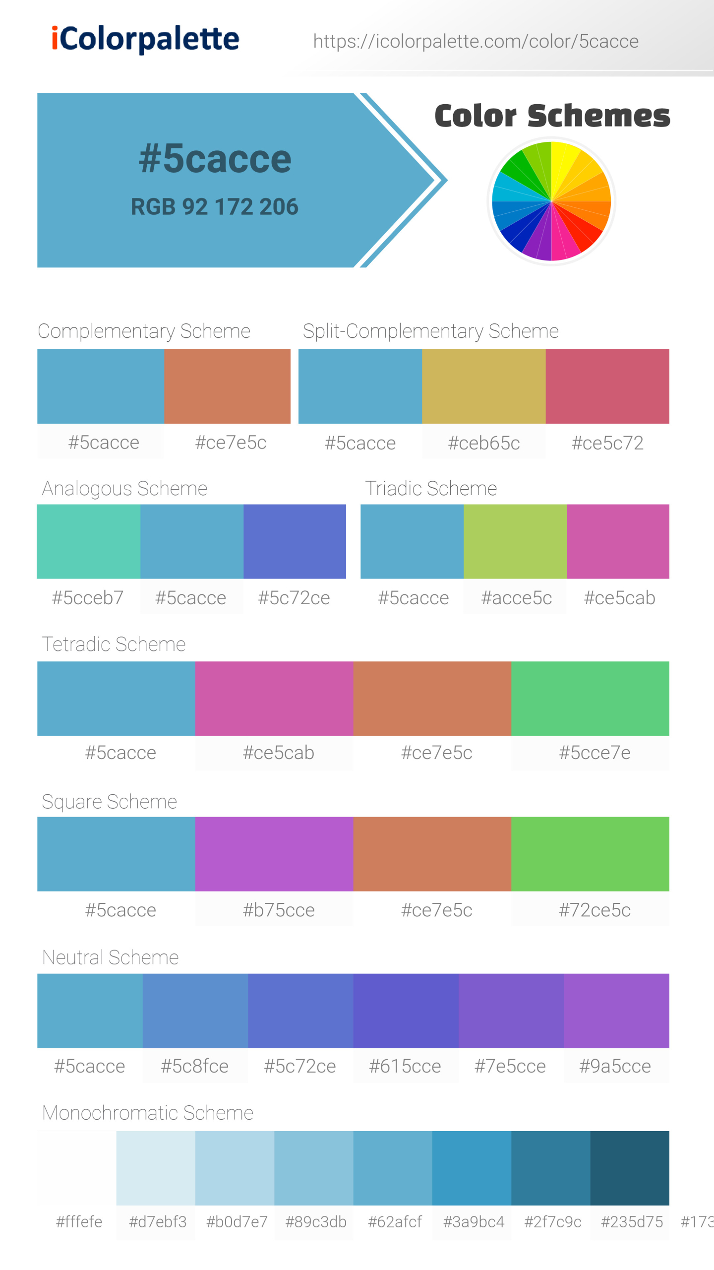Beautiful color schemes for Pantone 15-4421 Tcx Blue Grotto Color | Hex color Code #5cacce. Includes complementary, analogous, and triadic combinations ready for your design projects. #colorpalette #colorscheme #graphicdesign #5cacce
