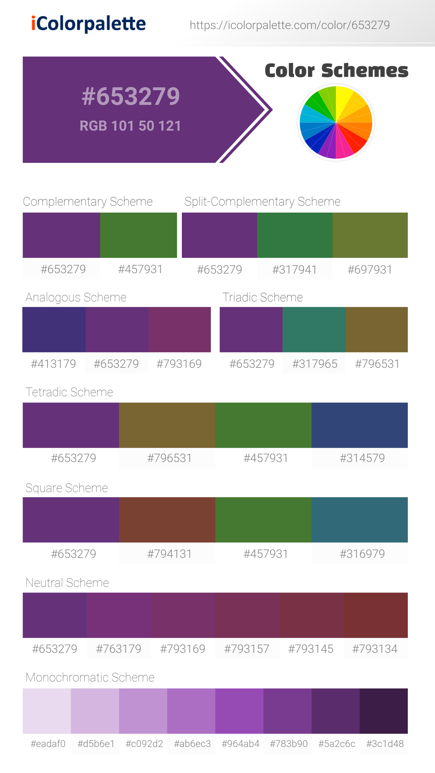 Beautiful color schemes for Pantone 7664 C Color | Hex color Code #653279. Includes complementary, analogous, and triadic combinations ready for your design projects. #colorpalette #colorscheme #graphicdesign #653279