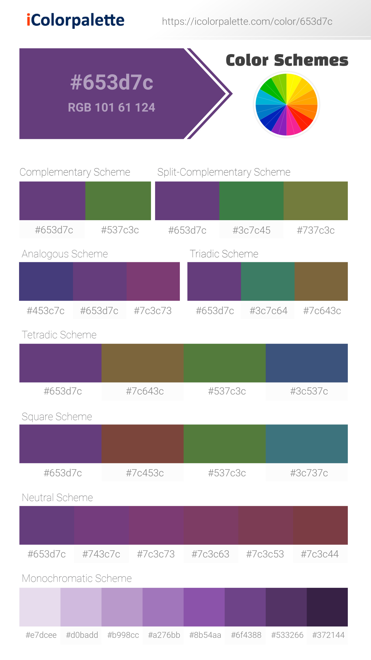 Beautiful color schemes for Pantone 19-3542 Tcx Pansy Color | Hex color Code #653d7c. Includes complementary, analogous, and triadic combinations ready for your design projects. #colorpalette #colorscheme #graphicdesign #653d7c