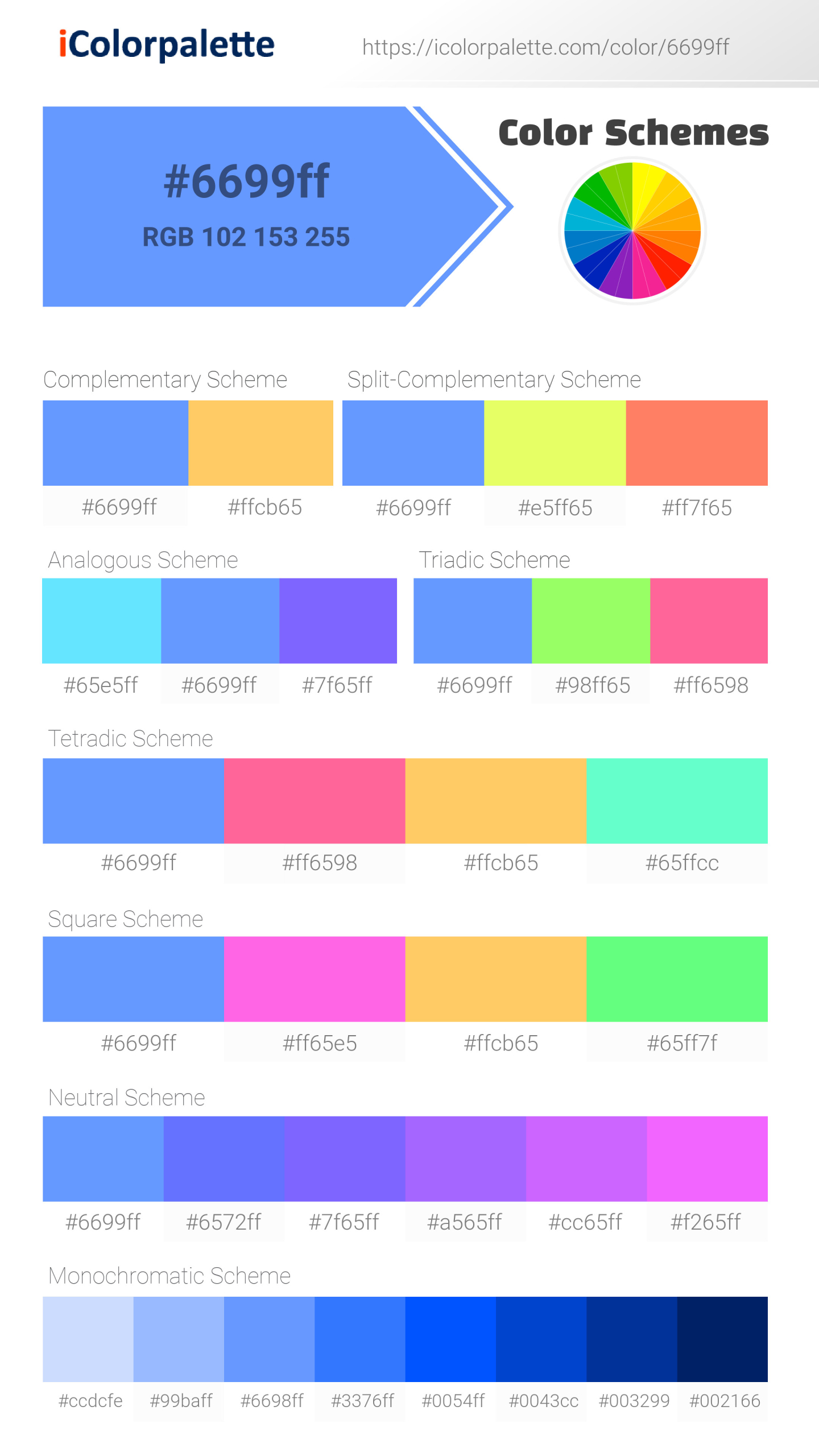 Beautiful color schemes for  Deep Denim (similar) Color | Hex 6699ff. Includes complementary, analogous, and triadic combinations ready for your design projects. #colorpalette #colorscheme #graphicdesign #6699ff