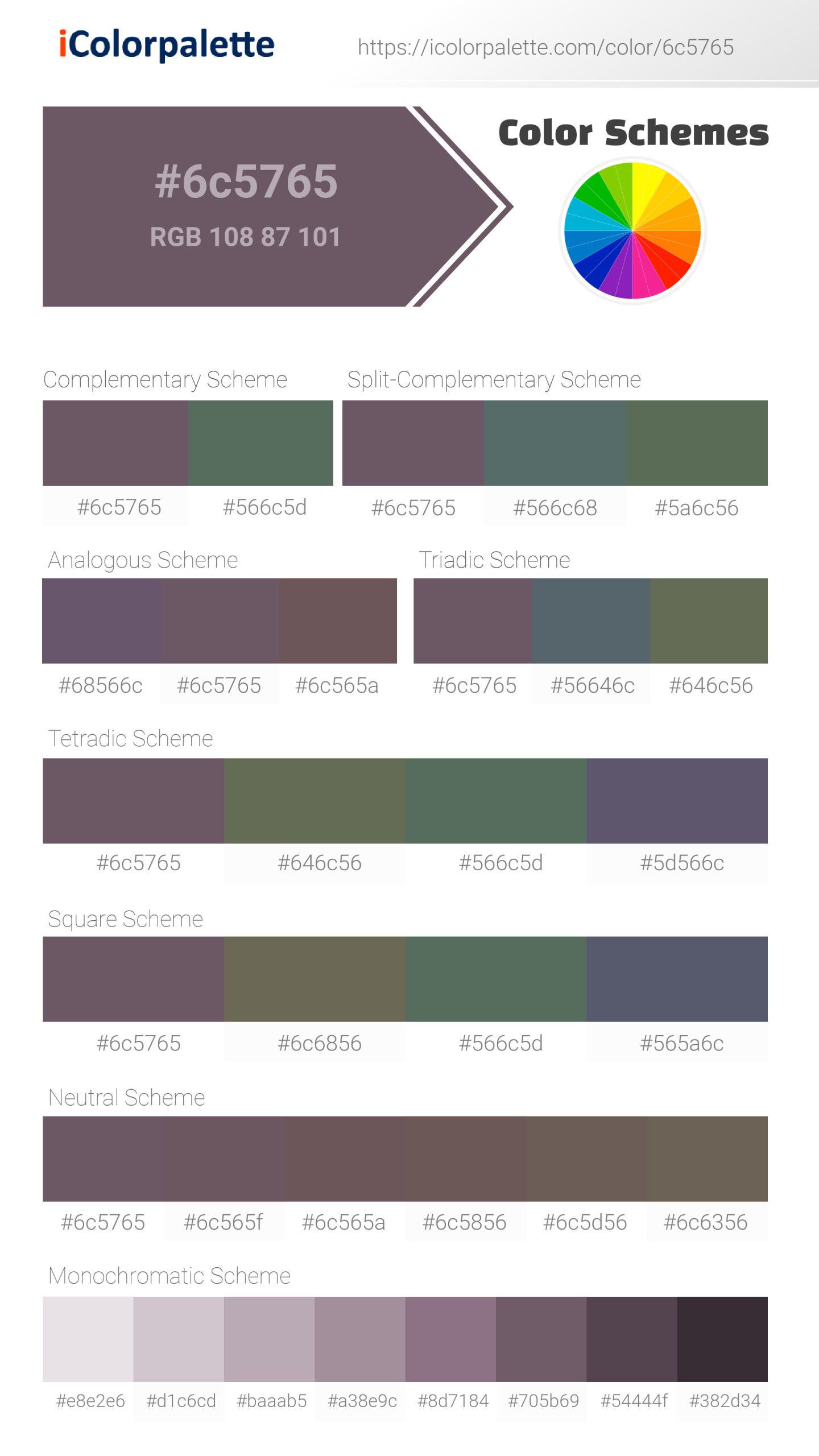 Beautiful color schemes for Pantone 18-1706 Tcx Black Plum Color | Hex color Code #6c5765. Includes complementary, analogous, and triadic combinations ready for your design projects. #colorpalette #colorscheme #graphicdesign #6c5765