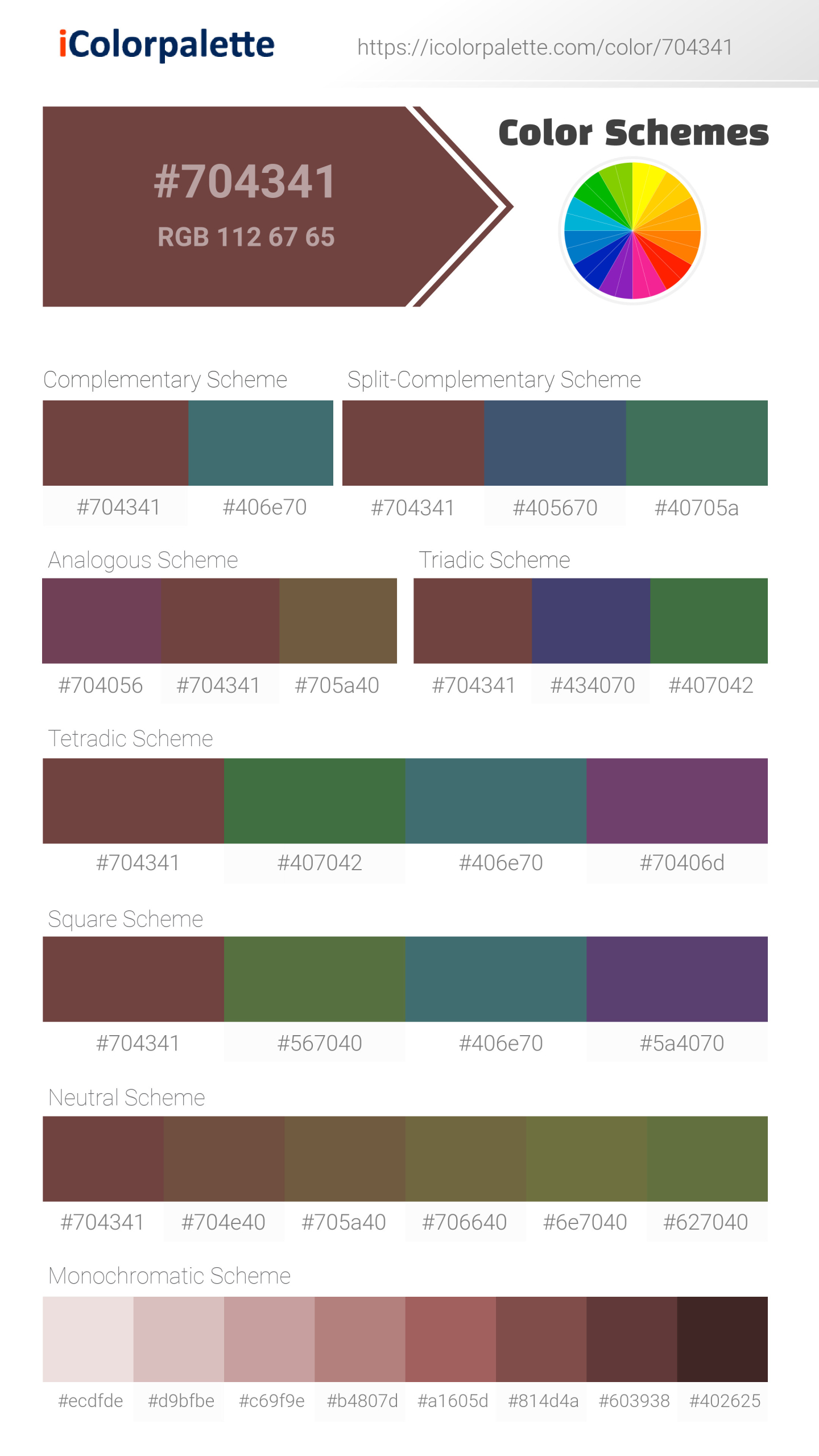 Beautiful color schemes for  Roast Coffee Color | Hex 704341. Includes complementary, analogous, and triadic combinations ready for your design projects. #colorpalette #colorscheme #graphicdesign #704341