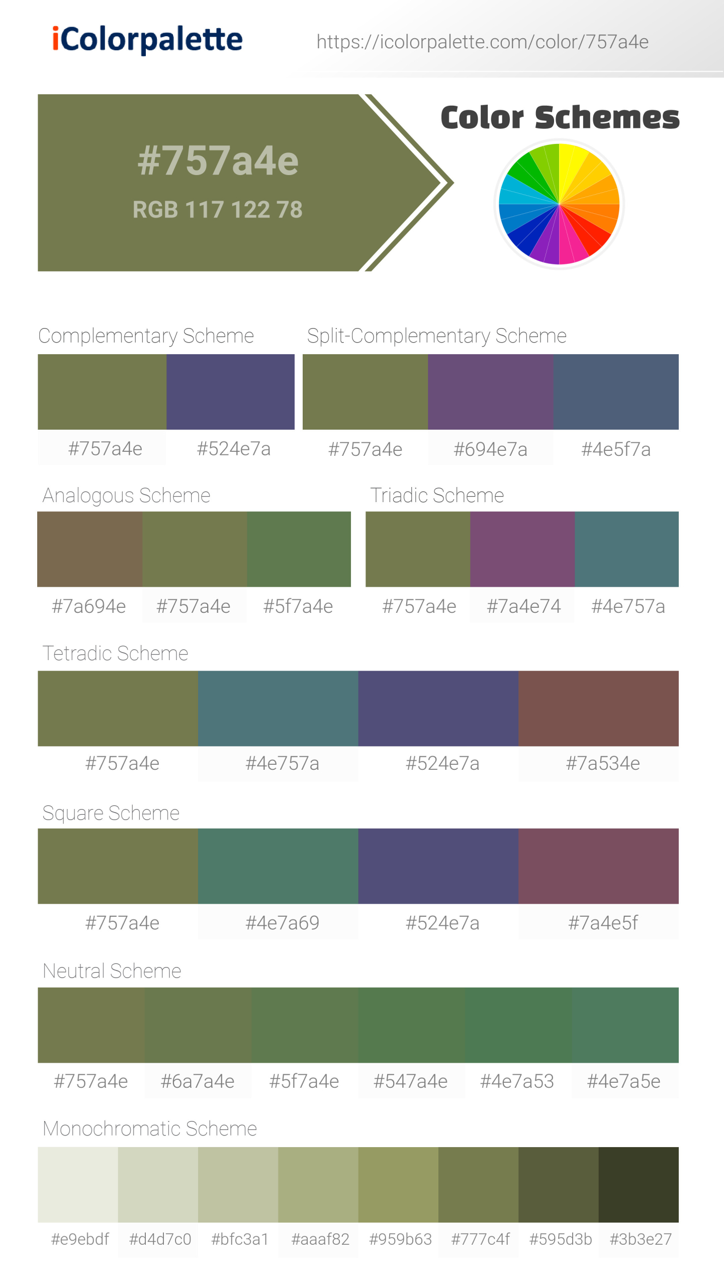 Beautiful color schemes for Pantone 18-0324 Tcx Calliste Green Color | Hex color Code #757a4e. Includes complementary, analogous, and triadic combinations ready for your design projects. #colorpalette #colorscheme #graphicdesign #757a4e