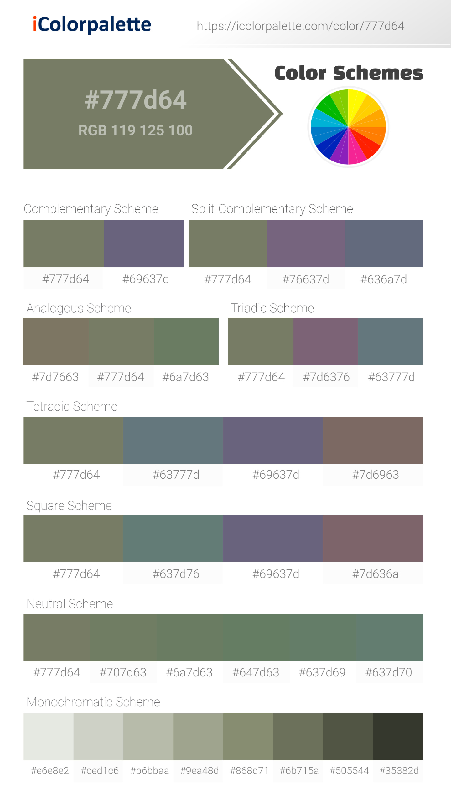 Beautiful color schemes for Pantone 7498 U Color | Hex color Code #777d64. Includes complementary, analogous, and triadic combinations ready for your design projects. #colorpalette #colorscheme #graphicdesign #777d64