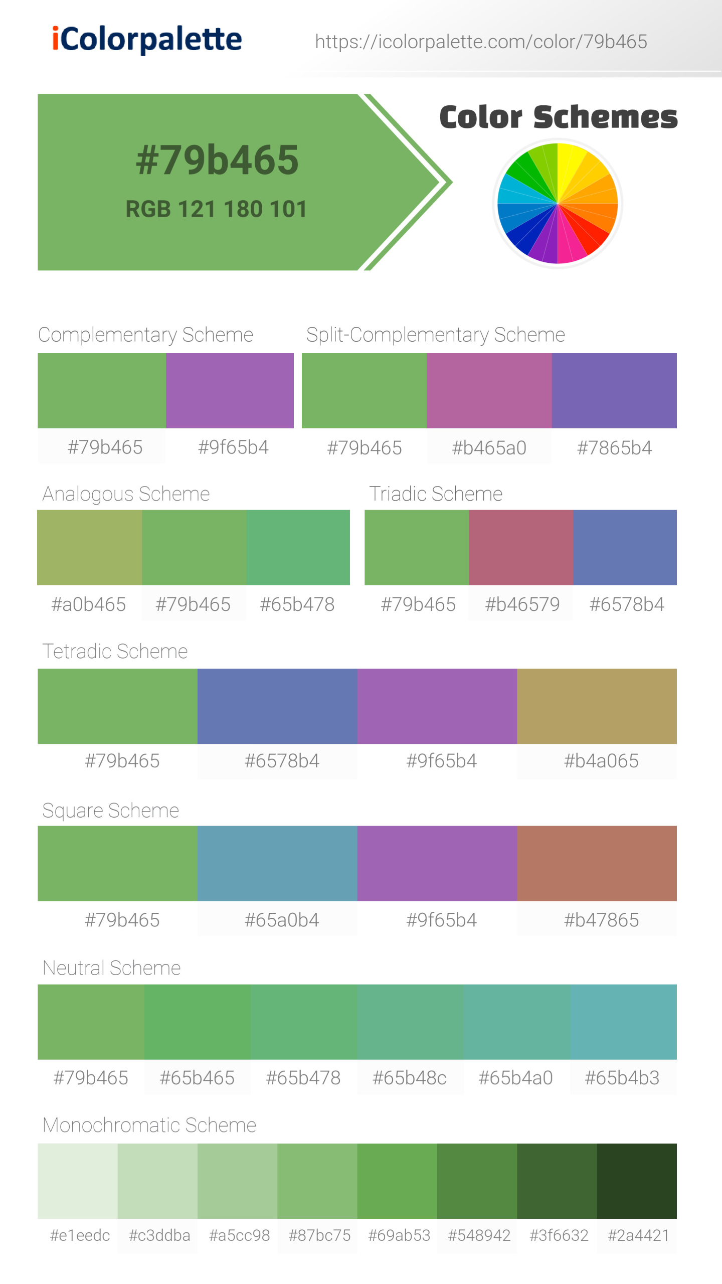 Beautiful color schemes for Pantone 15-6442 Tcx Bud Green Color | Hex color Code #79b465. Includes complementary, analogous, and triadic combinations ready for your design projects. #colorpalette #colorscheme #graphicdesign #79b465