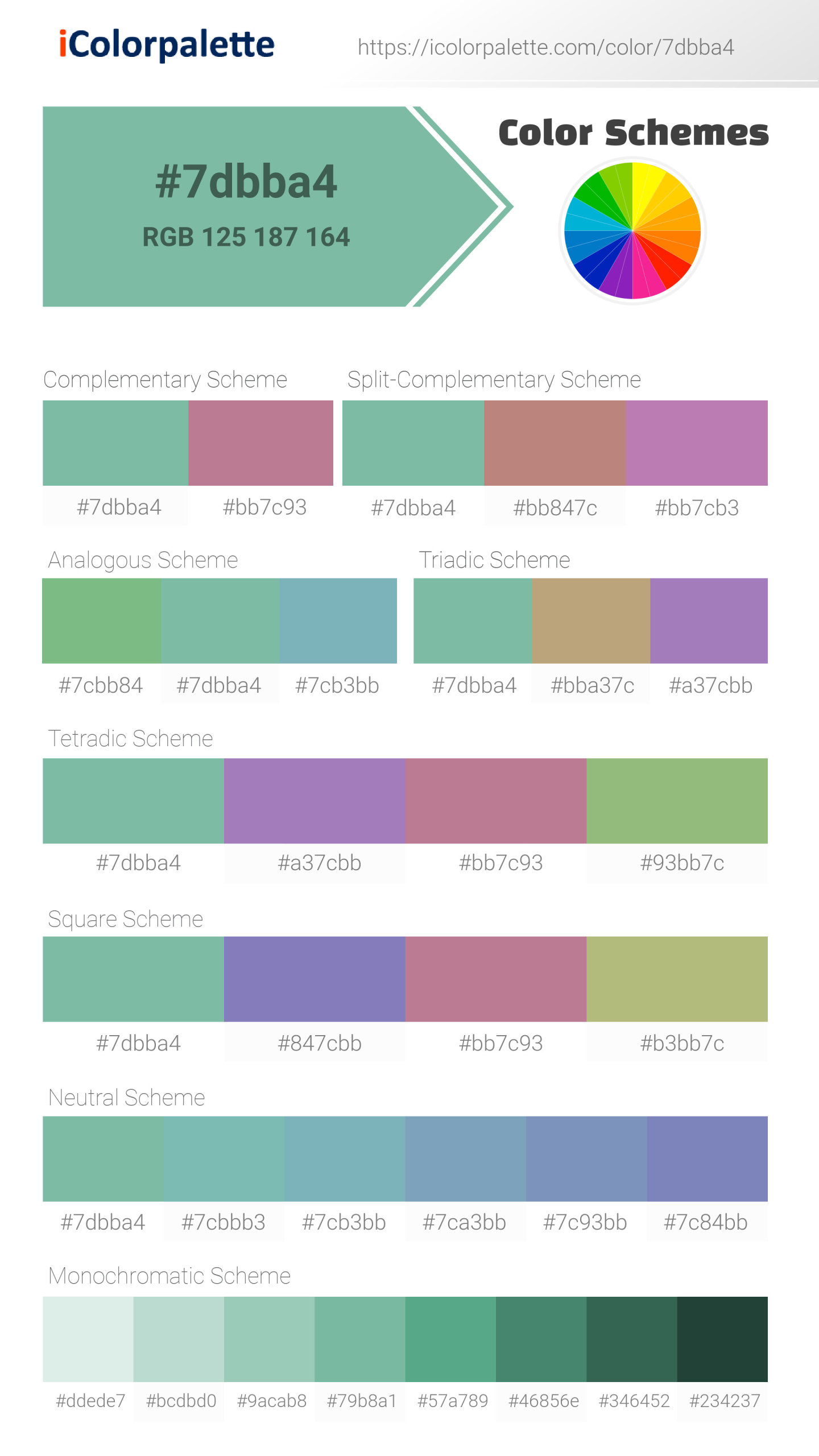 Beautiful color schemes for Pantone 15-5711 Tpx Dusty Jade Green Color | Hex color Code #7dbba4. Includes complementary, analogous, and triadic combinations ready for your design projects. #colorpalette #colorscheme #graphicdesign #7dbba4