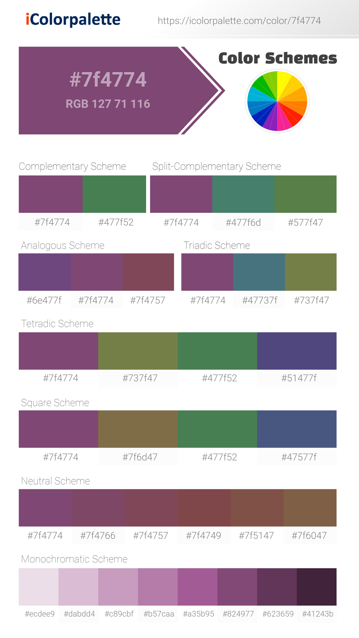 Beautiful color schemes for  Magic Magenta Color | Hex 7f4774. Includes complementary, analogous, and triadic combinations ready for your design projects. #colorpalette #colorscheme #graphicdesign #7f4774