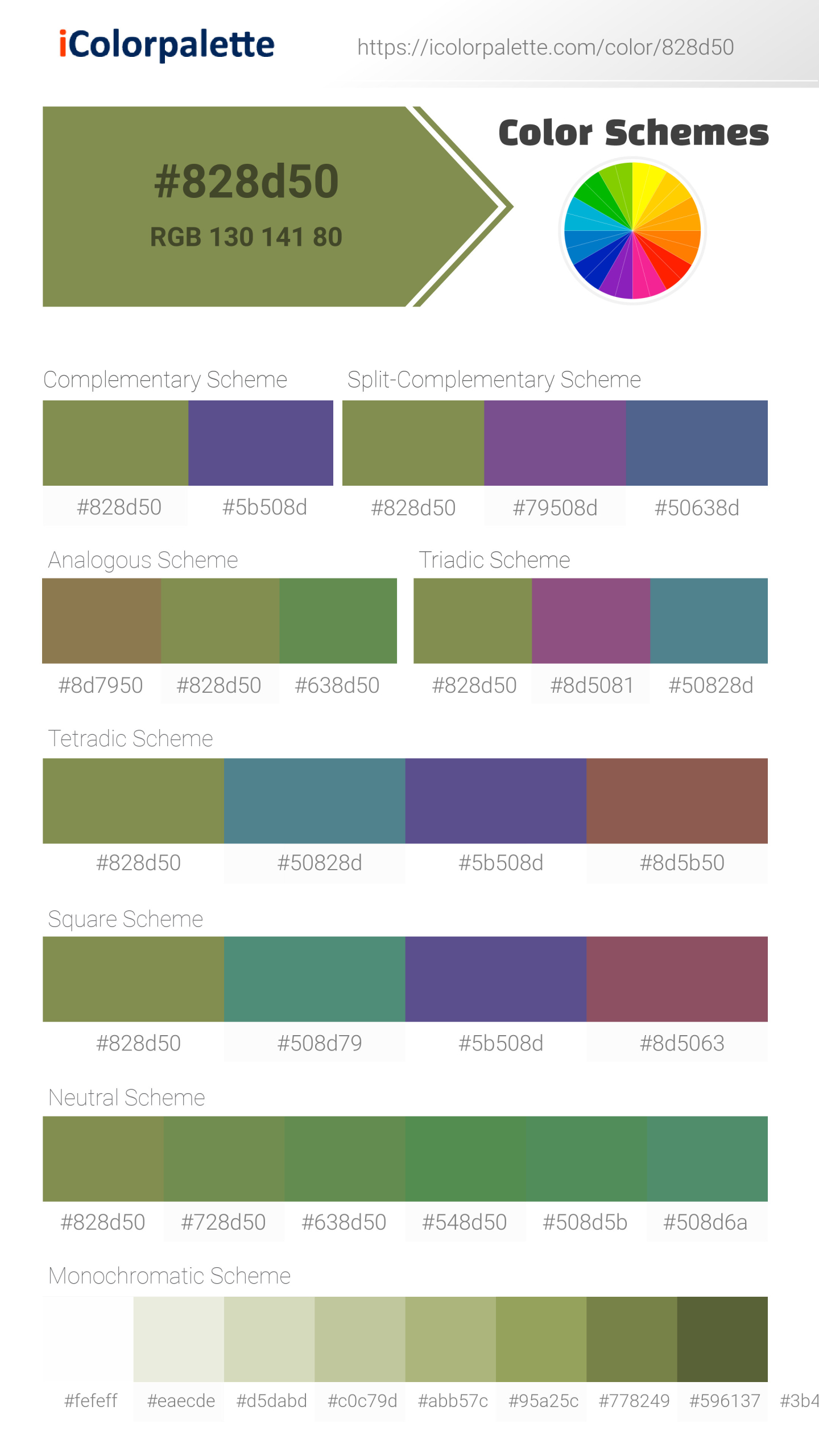 Beautiful color schemes for Pantone 2306 U Color | Hex color Code #828d50. Includes complementary, analogous, and triadic combinations ready for your design projects. #colorpalette #colorscheme #graphicdesign #828d50