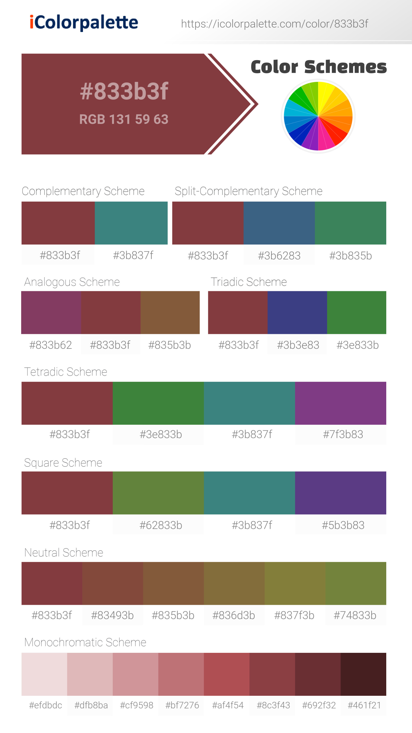 Beautiful color schemes for Pantone 19-1532 Tpx Rosewood Color | Hex color Code #833b3f. Includes complementary, analogous, and triadic combinations ready for your design projects. #colorpalette #colorscheme #graphicdesign #833b3f