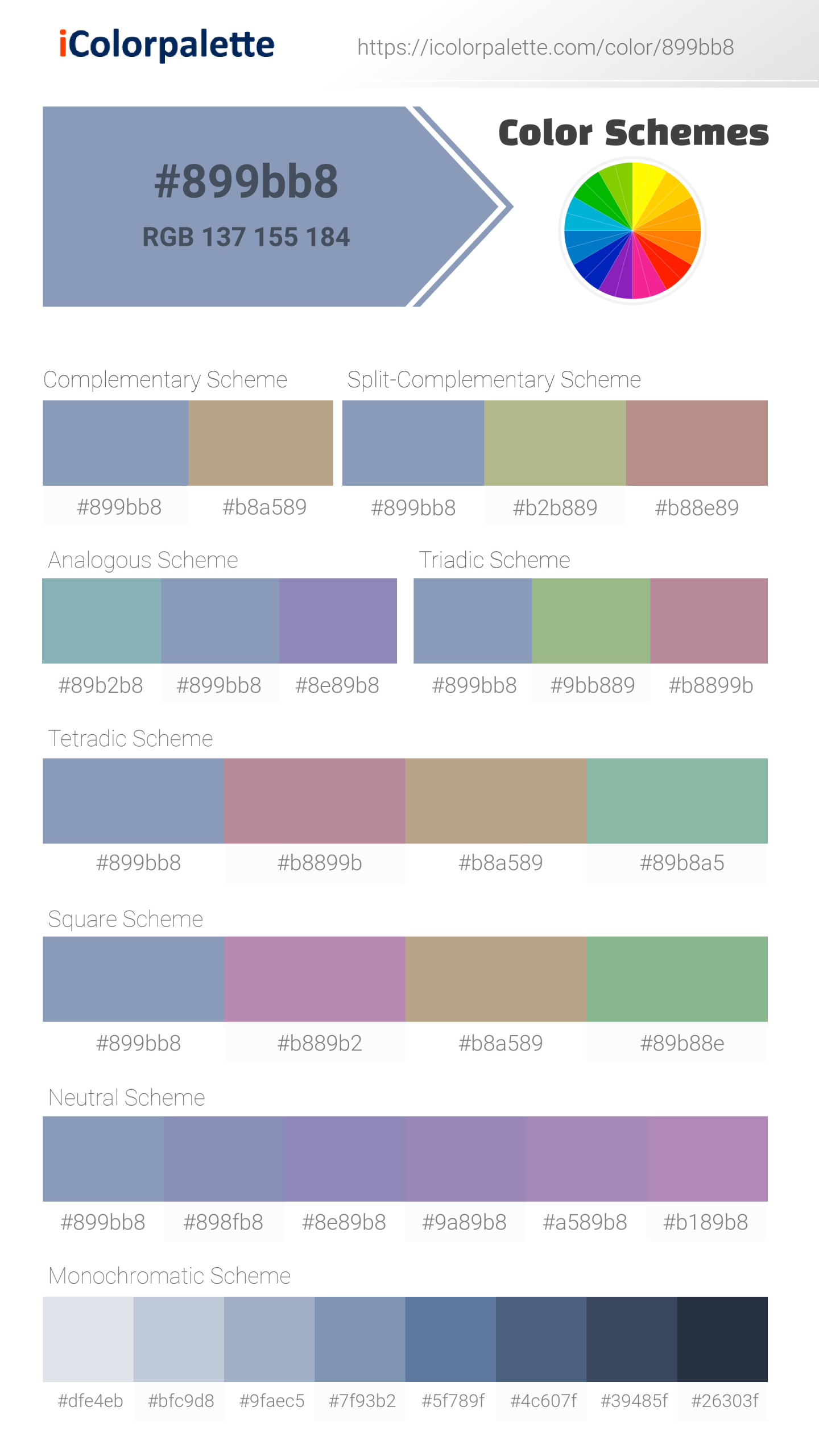 Beautiful color schemes for Pantone 16-4019 Tcx Forever Blue Color | Hex color Code #899bb8. Includes complementary, analogous, and triadic combinations ready for your design projects. #colorpalette #colorscheme #graphicdesign #899bb8