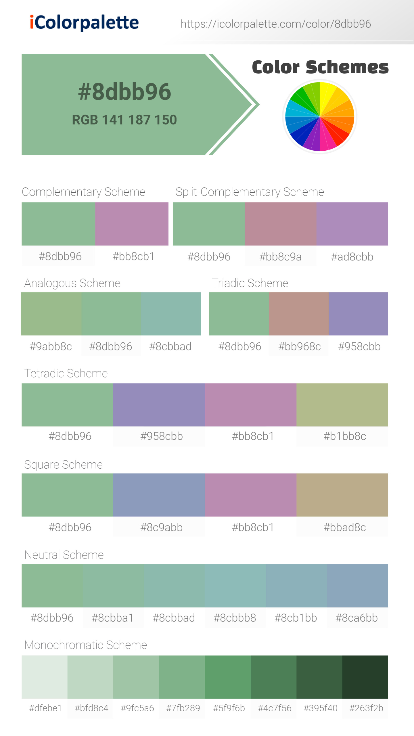 Beautiful color schemes for Pantone 14-6319 Tpg Meadow Color | Hex color Code #8dbb96. Includes complementary, analogous, and triadic combinations ready for your design projects. #colorpalette #colorscheme #graphicdesign #8dbb96