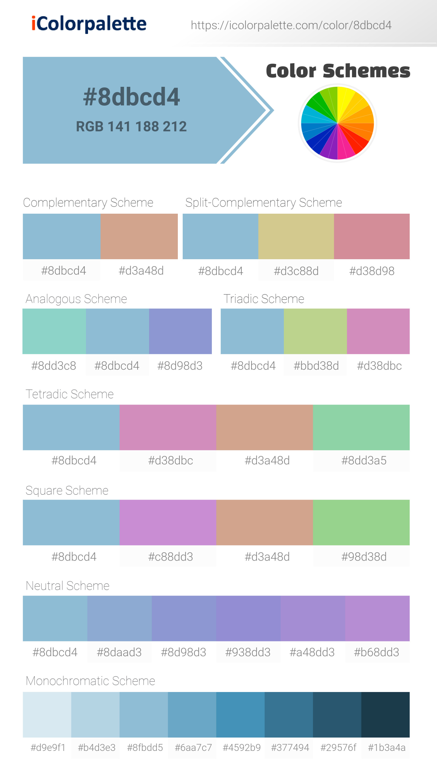 Beautiful color schemes for Pantone 14-4318 Tpg Sky Blue Color | Hex color Code #8dbcd4. Includes complementary, analogous, and triadic combinations ready for your design projects. #colorpalette #colorscheme #graphicdesign #8dbcd4