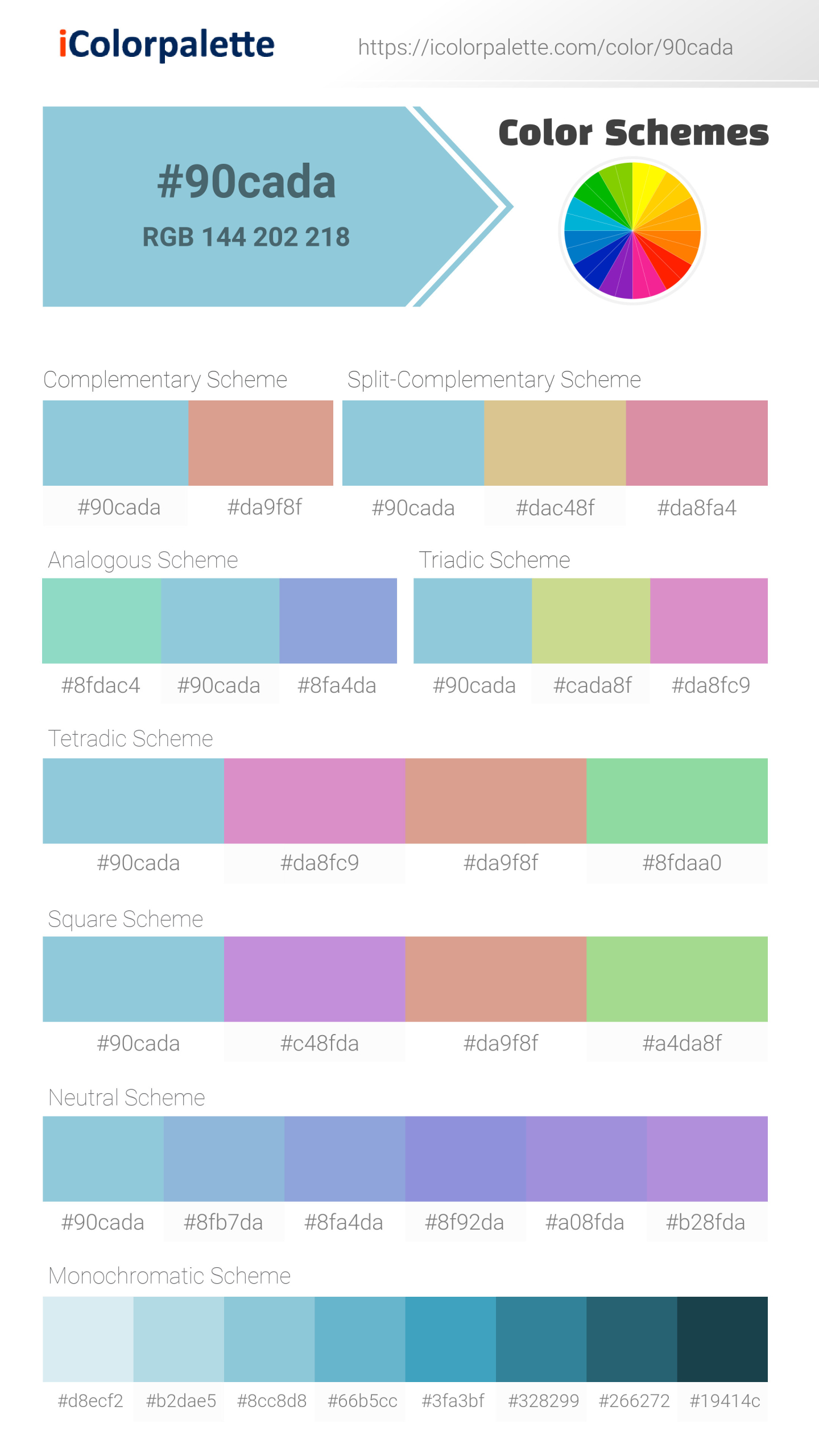 Beautiful color schemes for Pantone 14-4511 Tpx Gulf Stream Color | Hex color Code #90cada. Includes complementary, analogous, and triadic combinations ready for your design projects. #colorpalette #colorscheme #graphicdesign #90cada