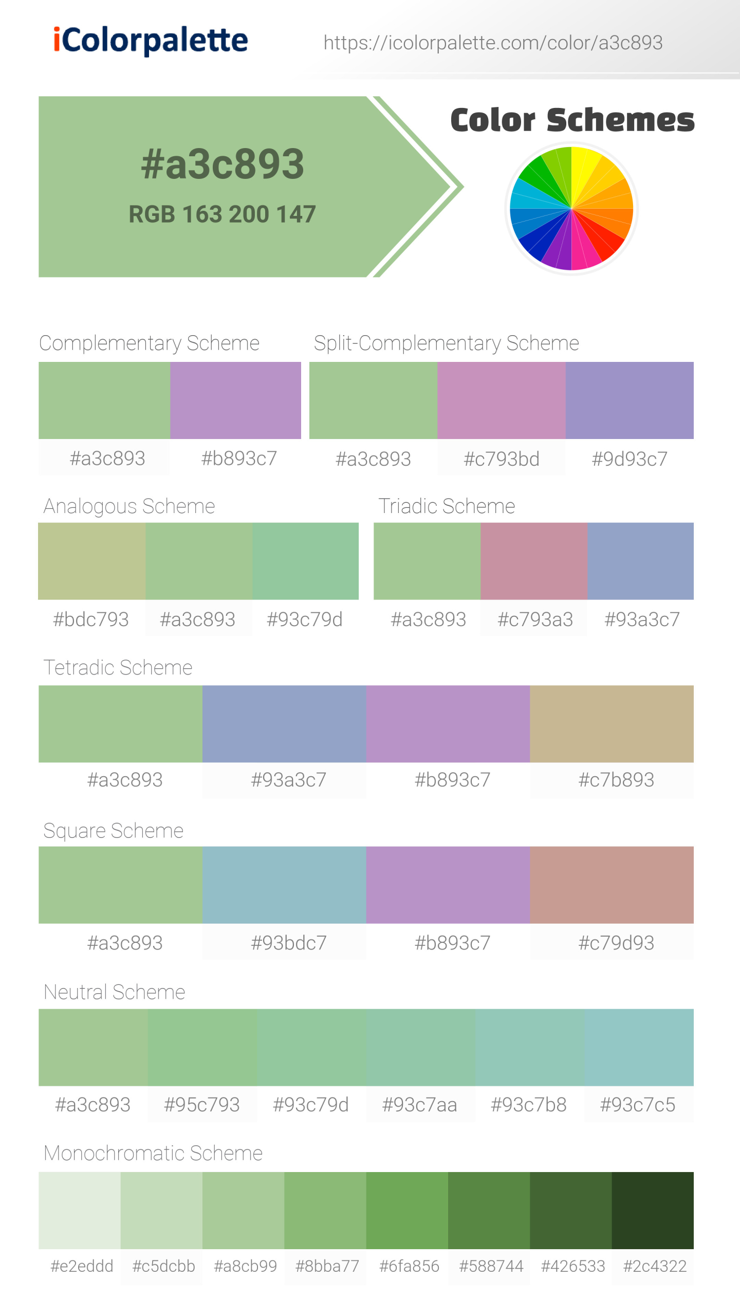 Beautiful color schemes for Pantone 14-0123 Tcx Arcadian Green Color | Hex color Code #a3c893. Includes complementary, analogous, and triadic combinations ready for your design projects. #colorpalette #colorscheme #graphicdesign #a3c893