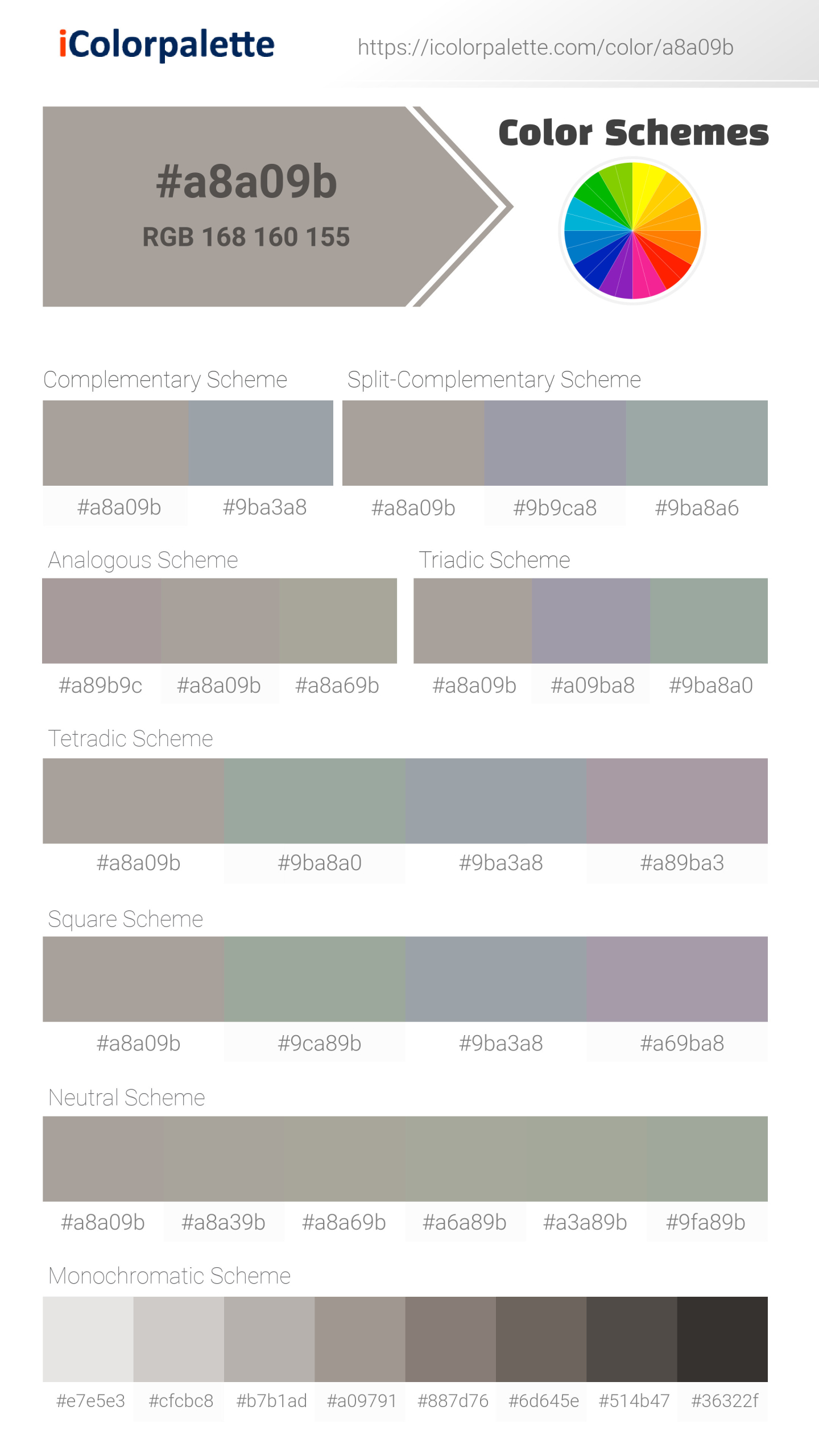 Beautiful color schemes for Pantone 4283 CP Color | Hex color Code #a8a09b. Includes complementary, analogous, and triadic combinations ready for your design projects. #colorpalette #colorscheme #graphicdesign #a8a09b