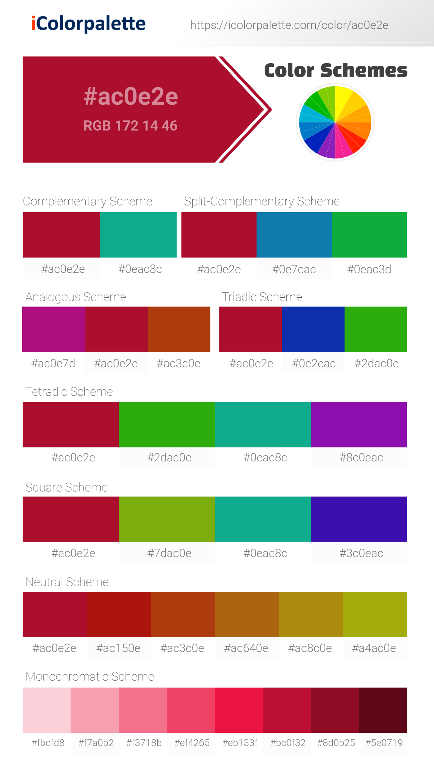 Beautiful color schemes for Pantone 19-1761 Tcx Tango Red Color | Hex color Code #ac0e2e. Includes complementary, analogous, and triadic combinations ready for your design projects. #colorpalette #colorscheme #graphicdesign #ac0e2e