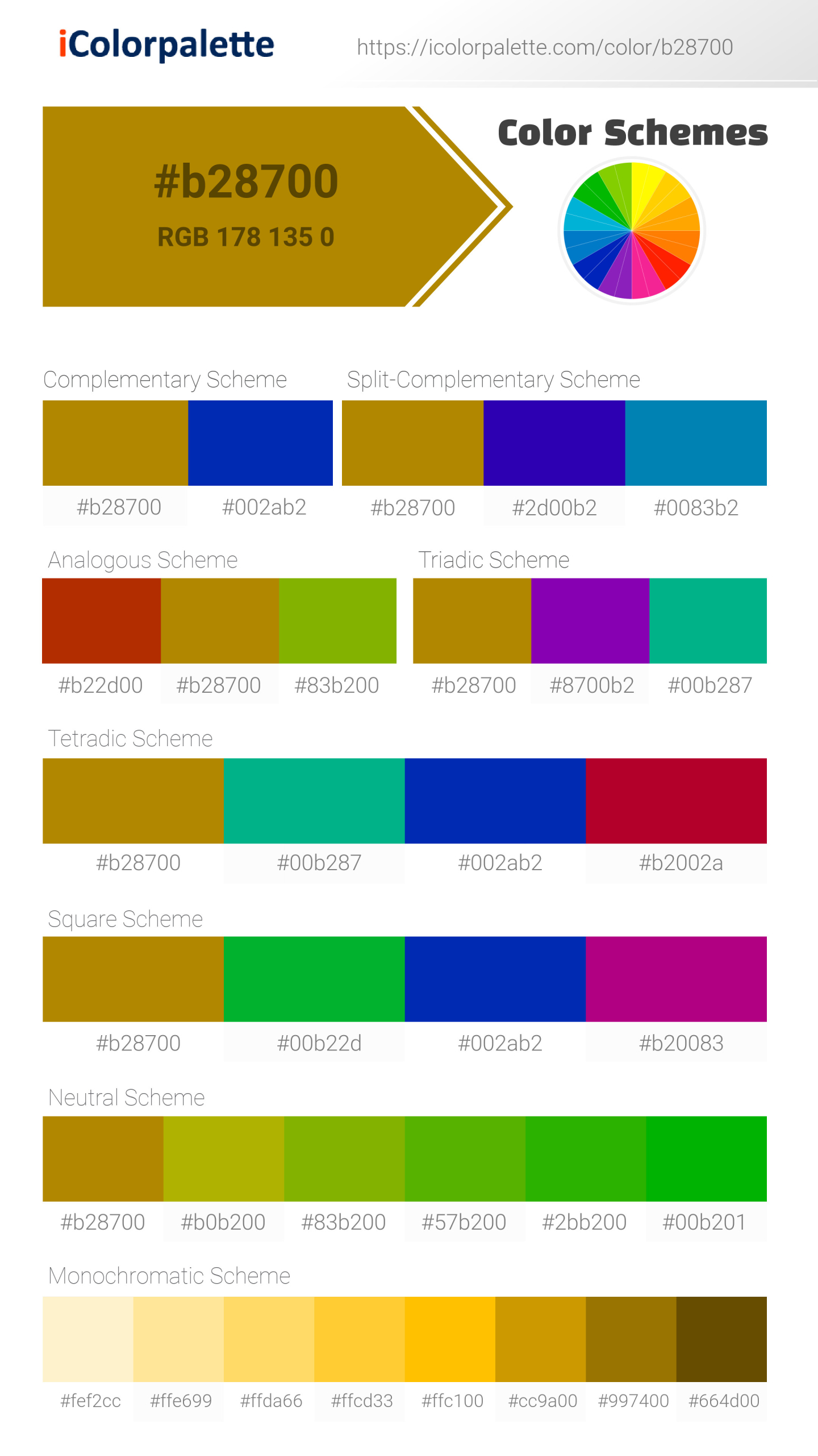 Beautiful color schemes for  Kenyan Sand (similar) Color | Hex b28700. Includes complementary, analogous, and triadic combinations ready for your design projects. #colorpalette #colorscheme #graphicdesign #b28700