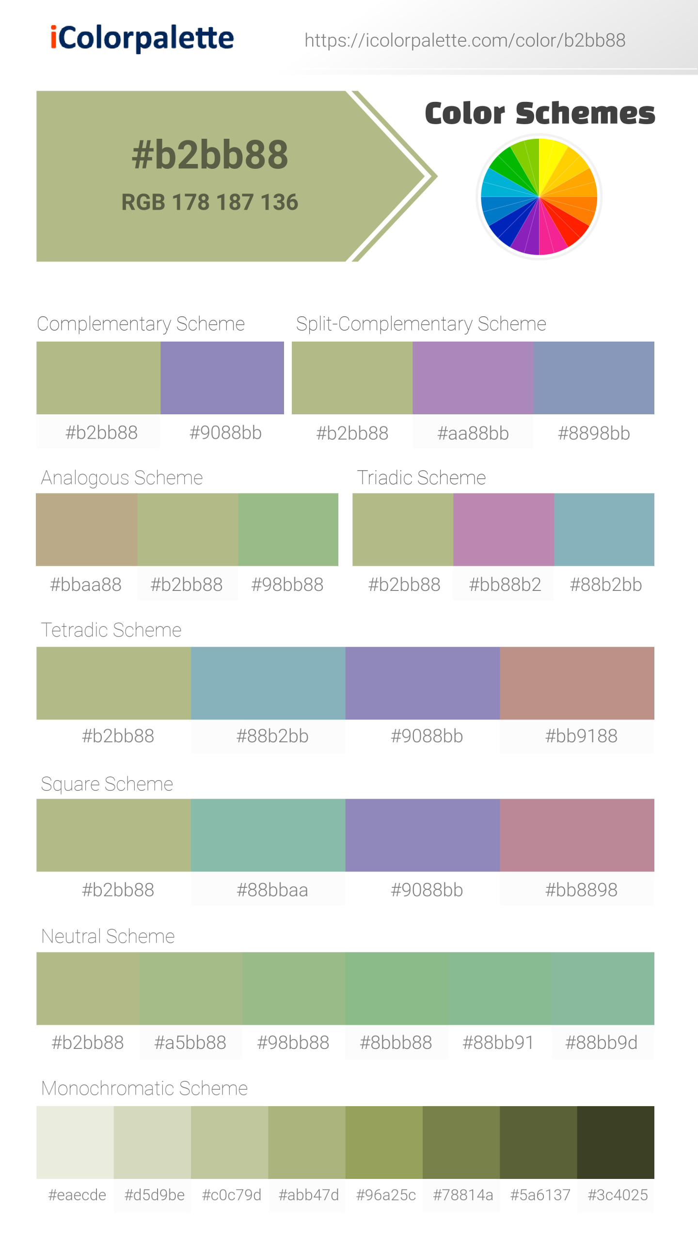 Beautiful color schemes for Pantone 14-0223 Tpg Nile Color | Hex color Code #b2bb88. Includes complementary, analogous, and triadic combinations ready for your design projects. #colorpalette #colorscheme #graphicdesign #b2bb88