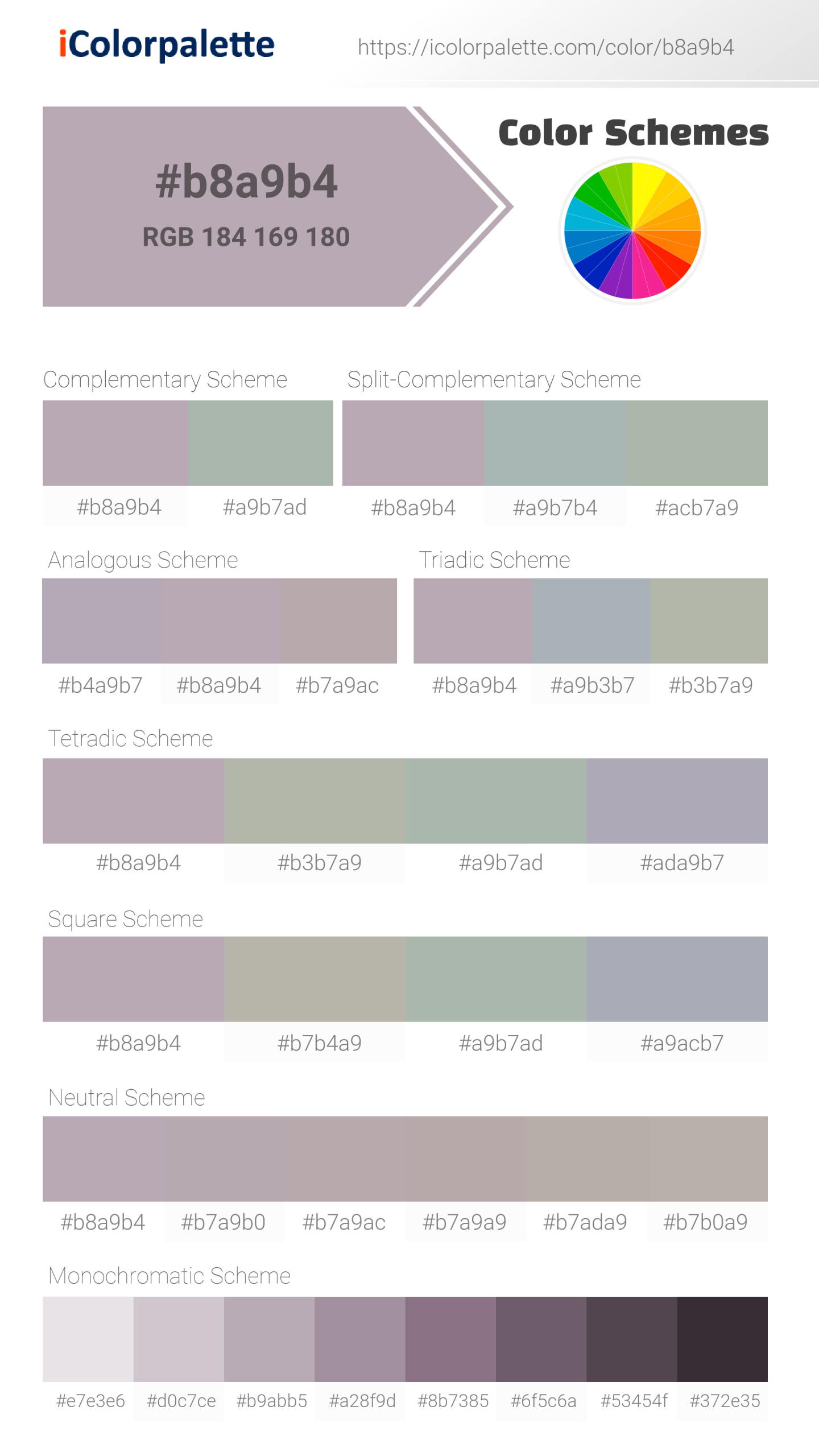 Beautiful color schemes for Pantone P 87-2 C Color | Hex color Code #b8a9b4. Includes complementary, analogous, and triadic combinations ready for your design projects. #colorpalette #colorscheme #graphicdesign #b8a9b4